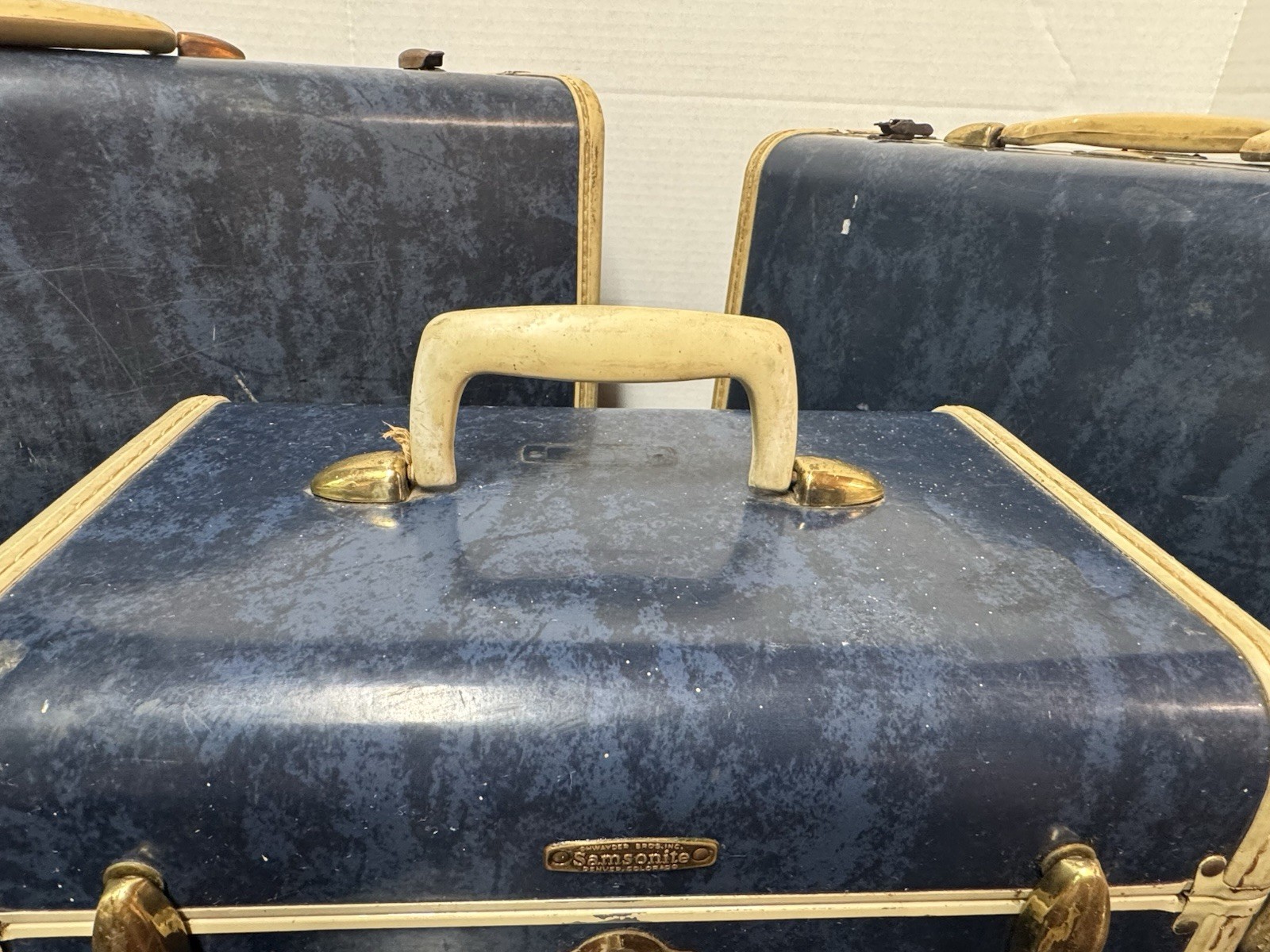 Vintage Samsonite Luggage Set 3 Admiral Blue Marble Train Case Shwayder Bros