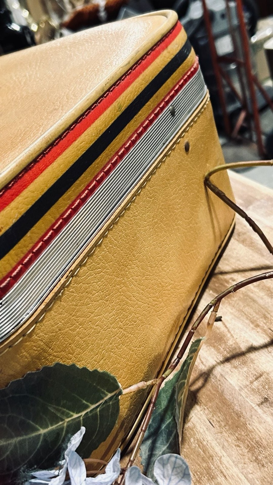 Vintage Amelia Earhart Mustard Yellow Hardside Train Case w/ Red/ Black Stripes
