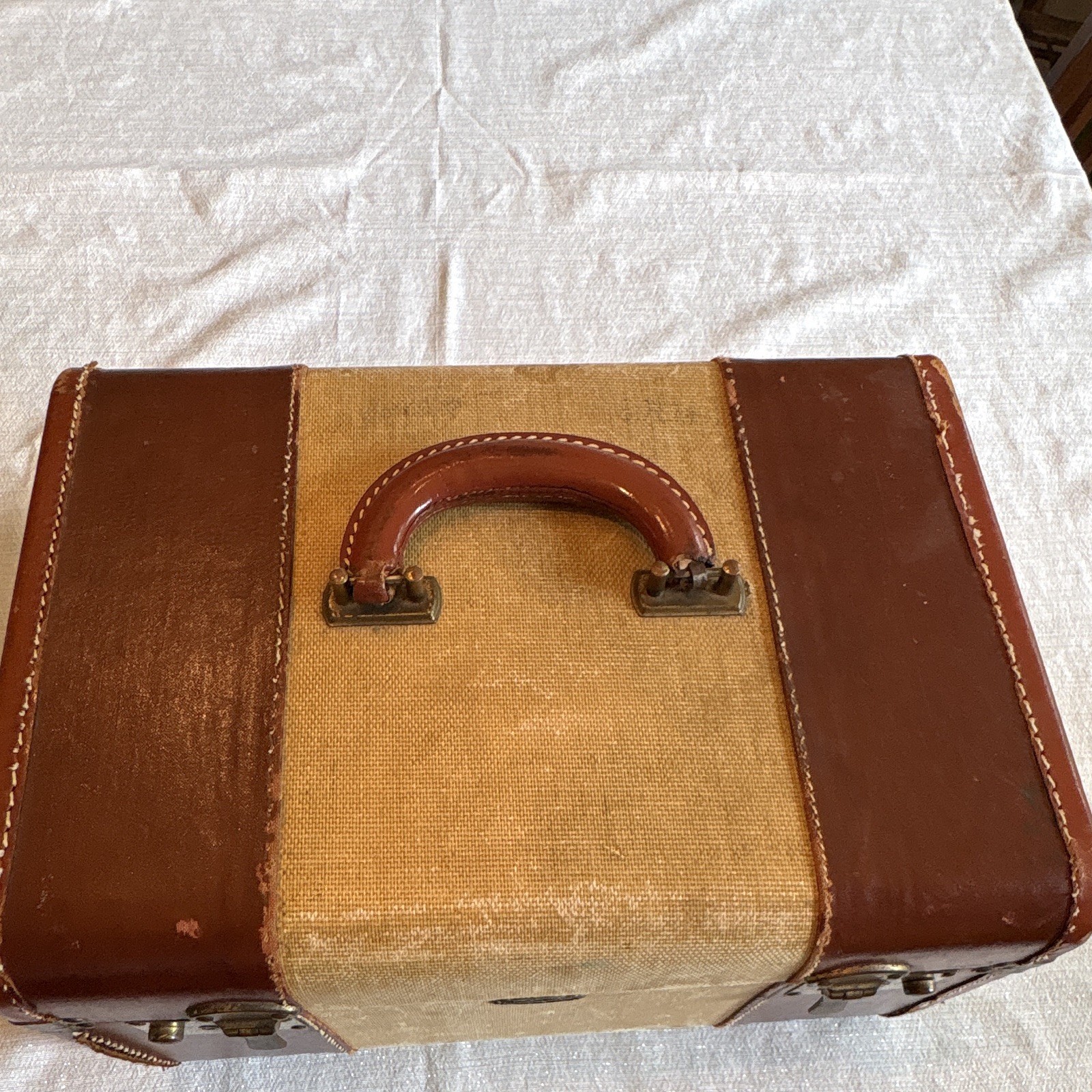 Vintage Hard Suitcase Brown Beige Leather Fabric Locking Extra Compartments