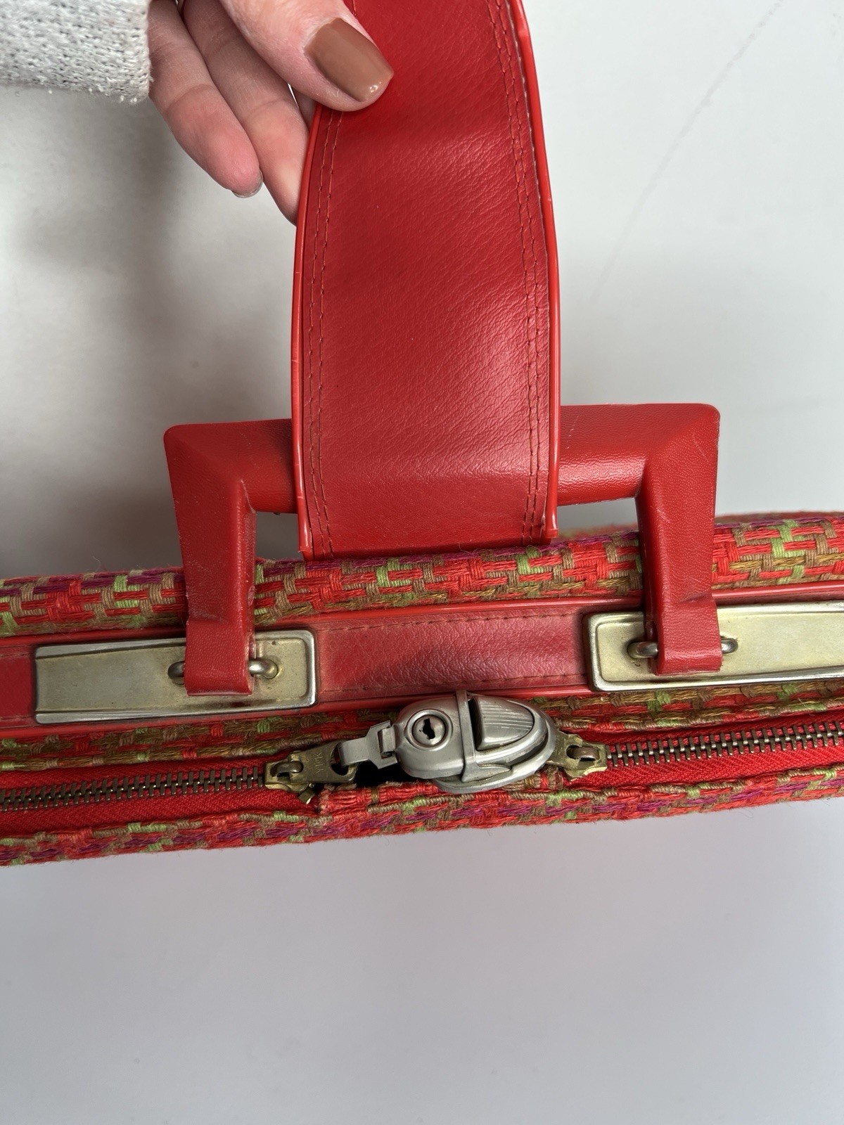 Vintage Suitcase Plaid Made in Japan Red Vinyl Pockets Zipper Retro Travel