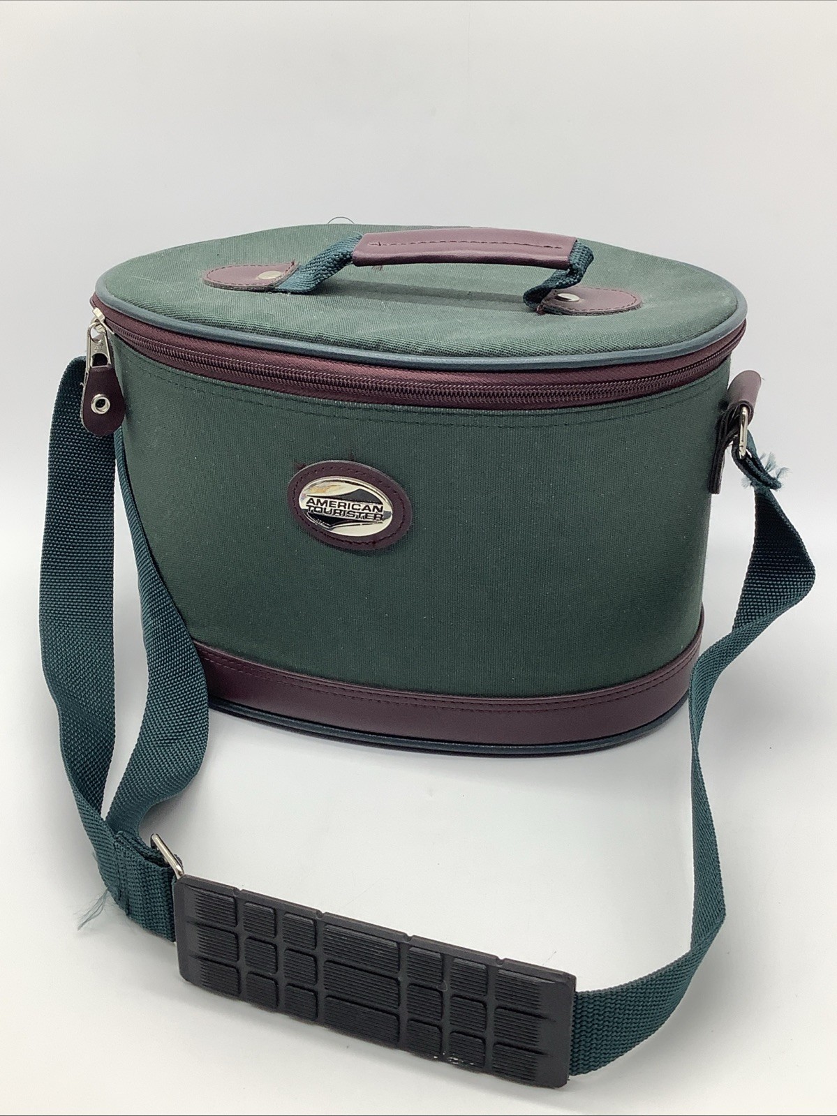 Vintage American Tourister Train Case Green & Brown Oval Makeup Travel Bag