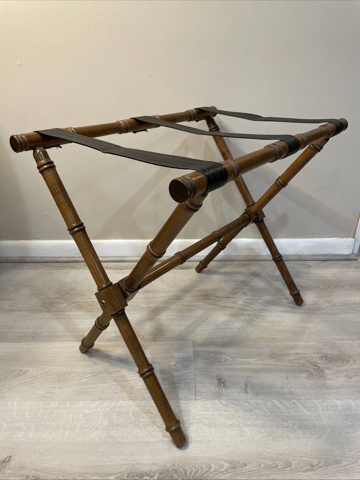 VTG Wood Bamboo Style Luggage Rack Mid Century Hollywood Regency Folding Stand
