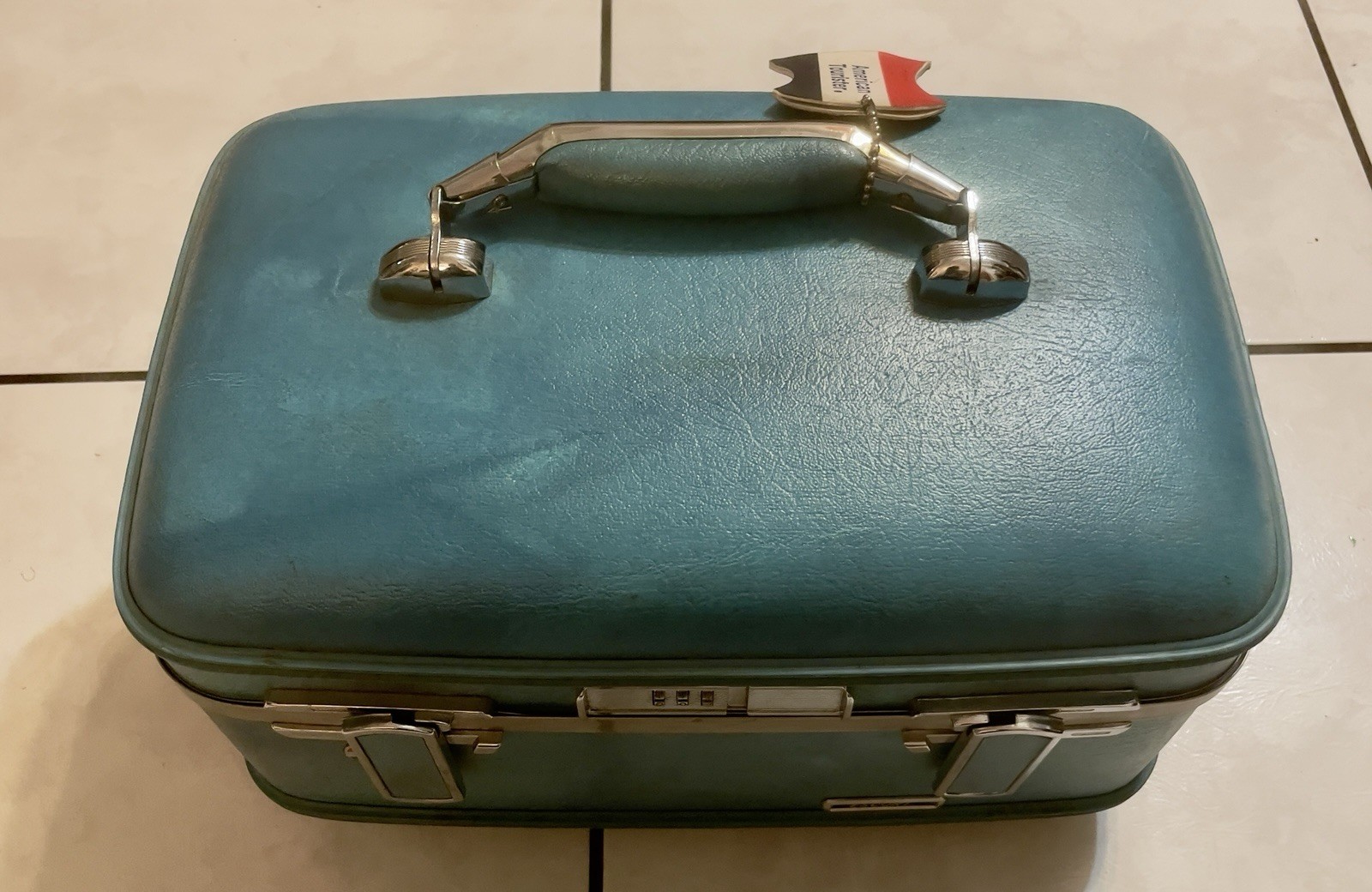 Vintage American Tourister Train Case – Blue Teal Makeup Box – Mid Century Decor