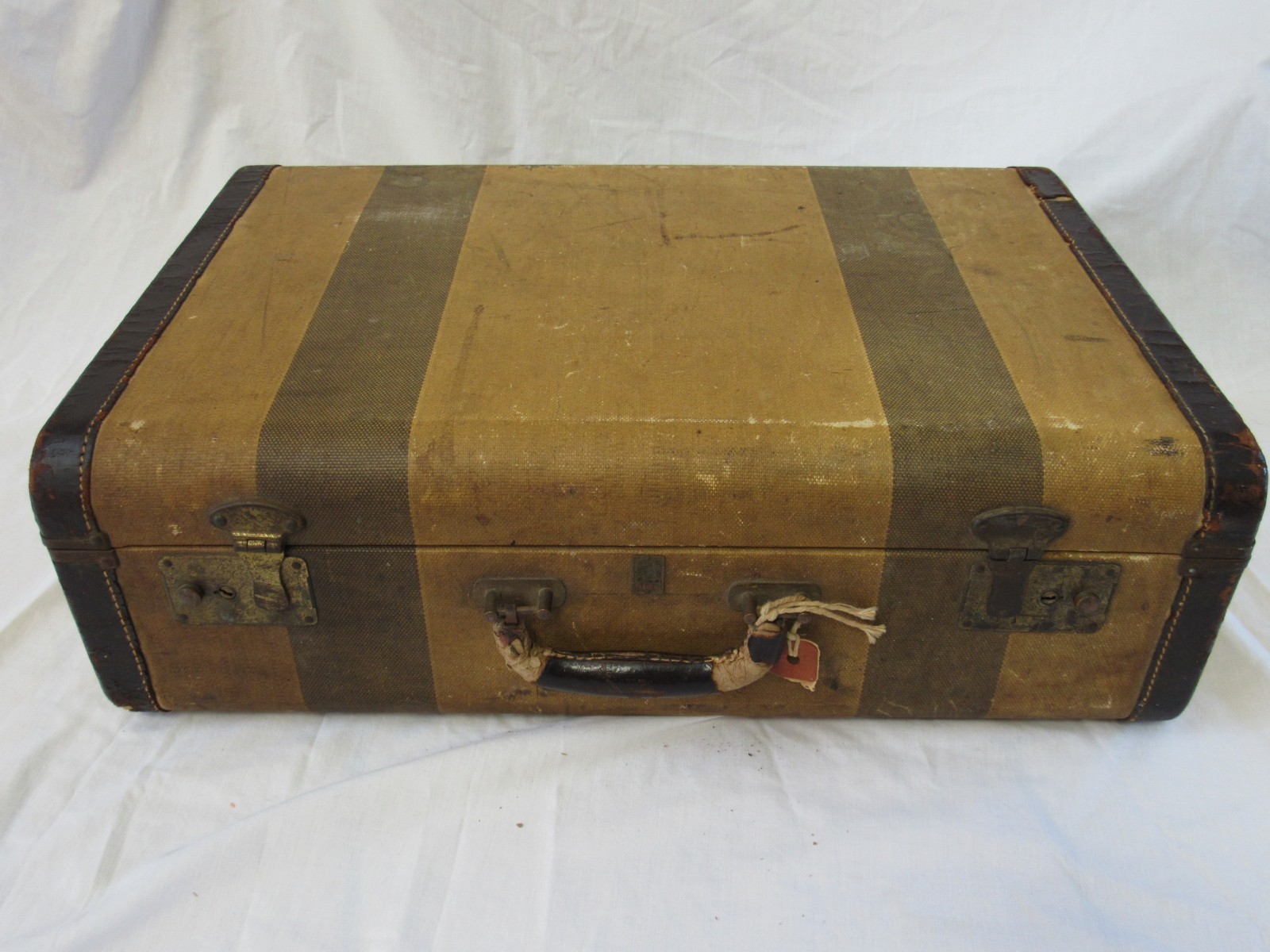 A Vintage Balber Striped Suitcase-Brass Fasteners-Leather Trim & Handle-1930-50s