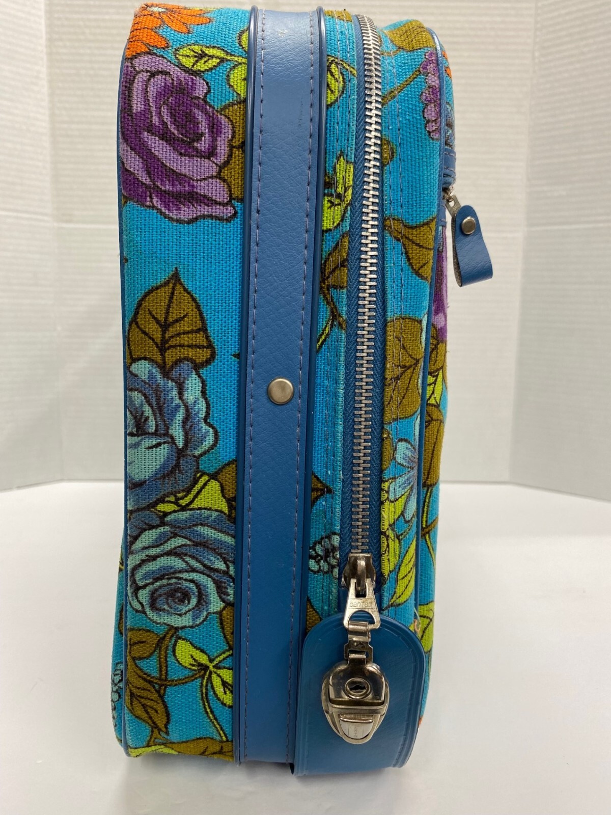 Vintage 70s Floral Bantam Soft Suitcase Blue Orange Yellow Hippie Boho Carry-on