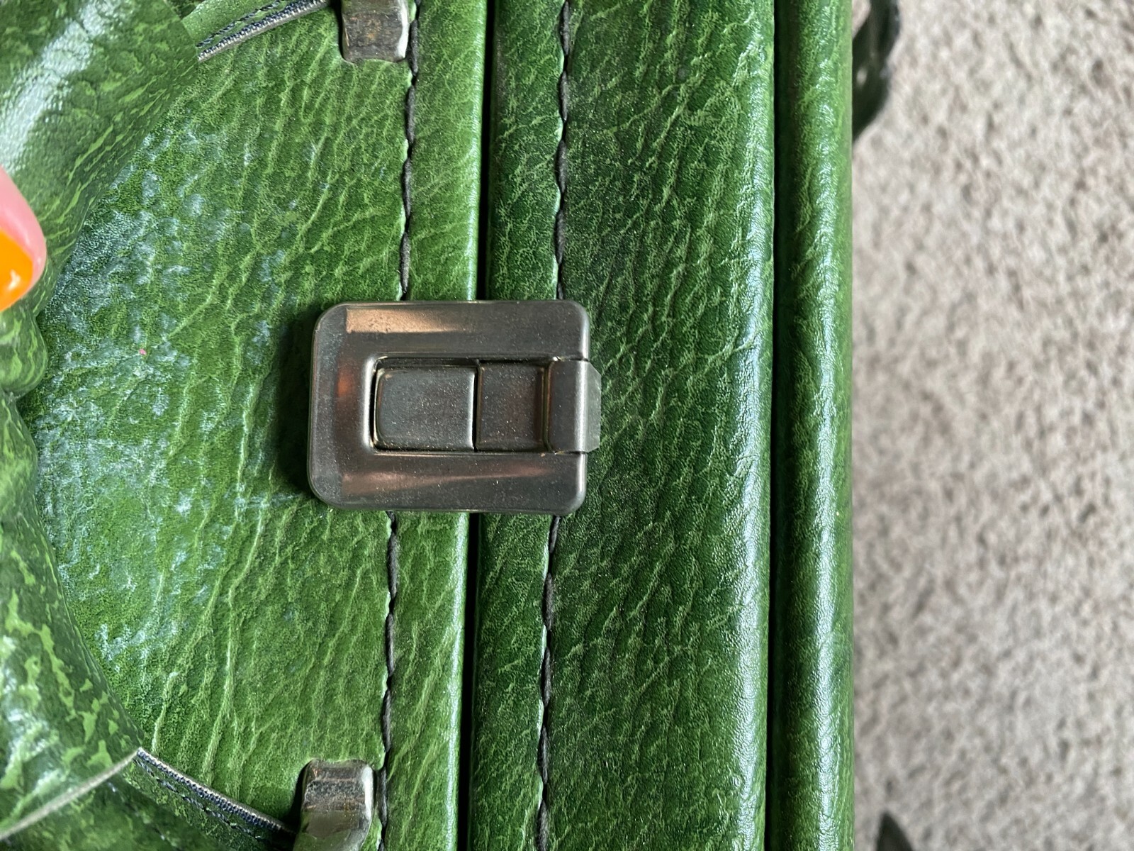 True 1970s Vintage Green Suitcase, Double Buckle, Fleur de lis Lining, Very Good