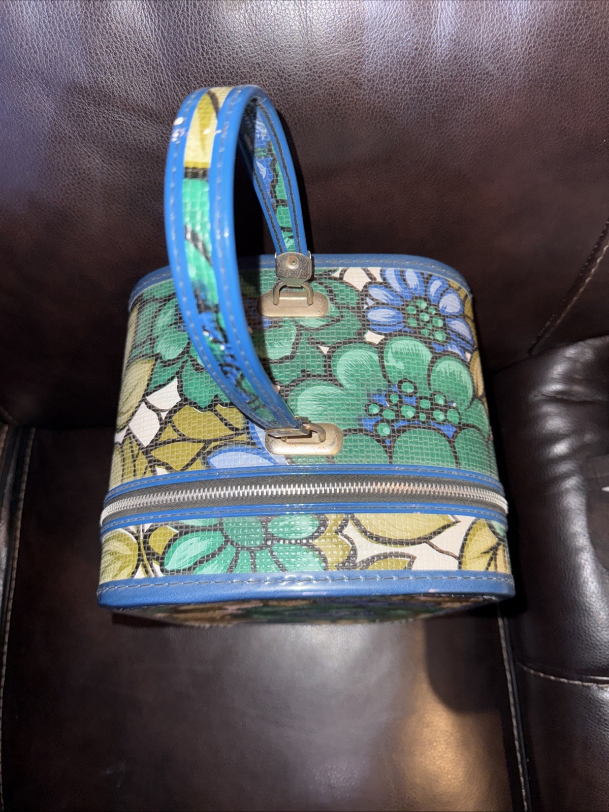 Vintage Traveling Wig Case 1960s Green Blue Floral Case