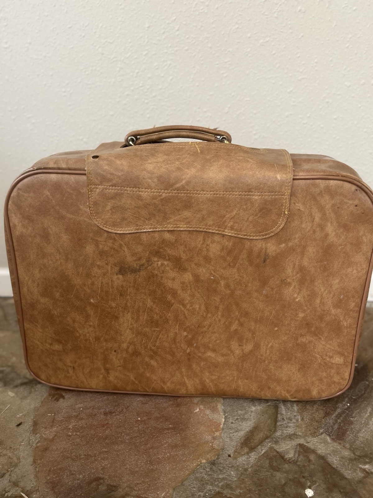 Vintage Luggage 1970s Soft Shell Suitcase W/Tan Vinyl Exterior And Fabric Stripe