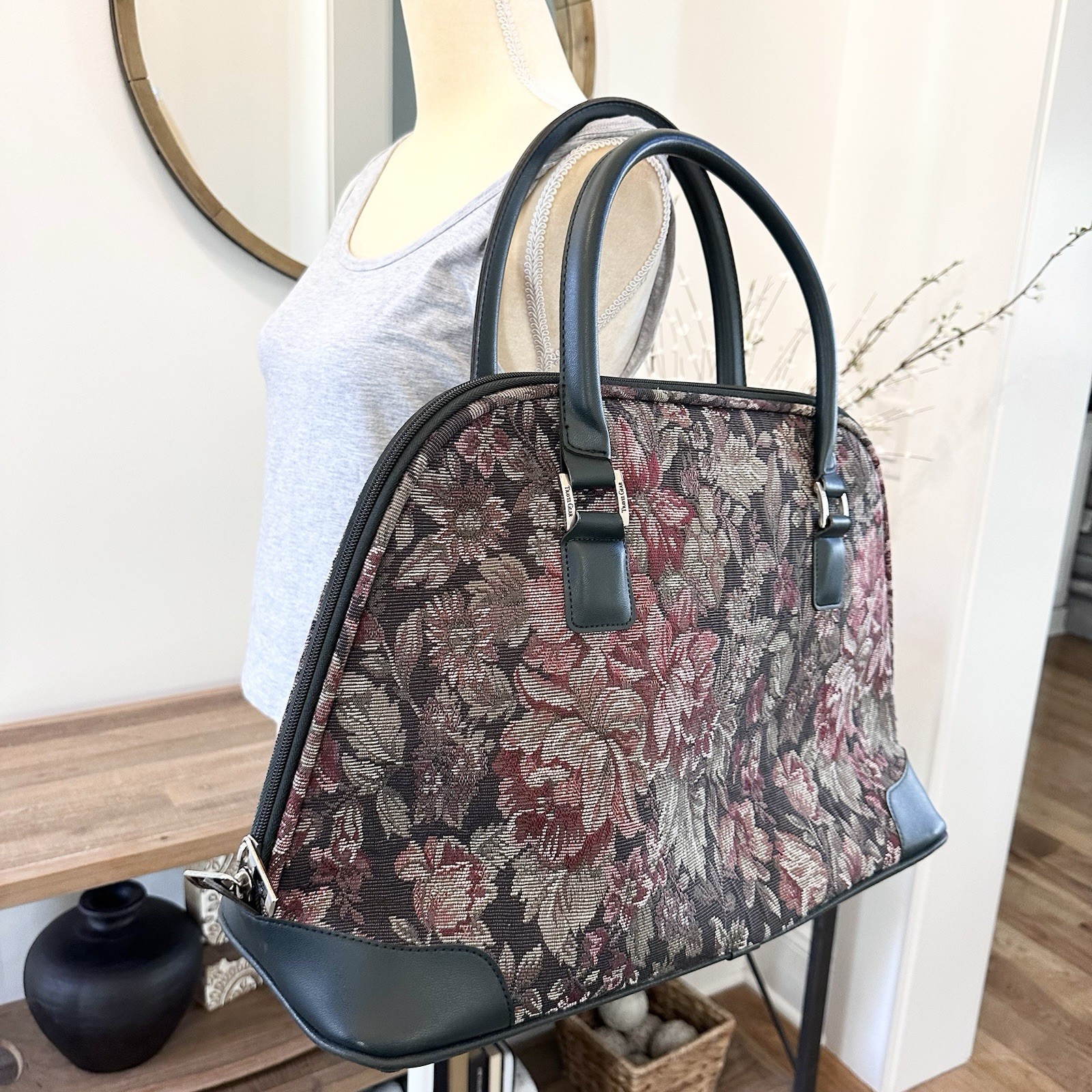 Vintage Travel Gear Tapestry Floral Satchel Luggage Mary Poppins Bag Green Rose