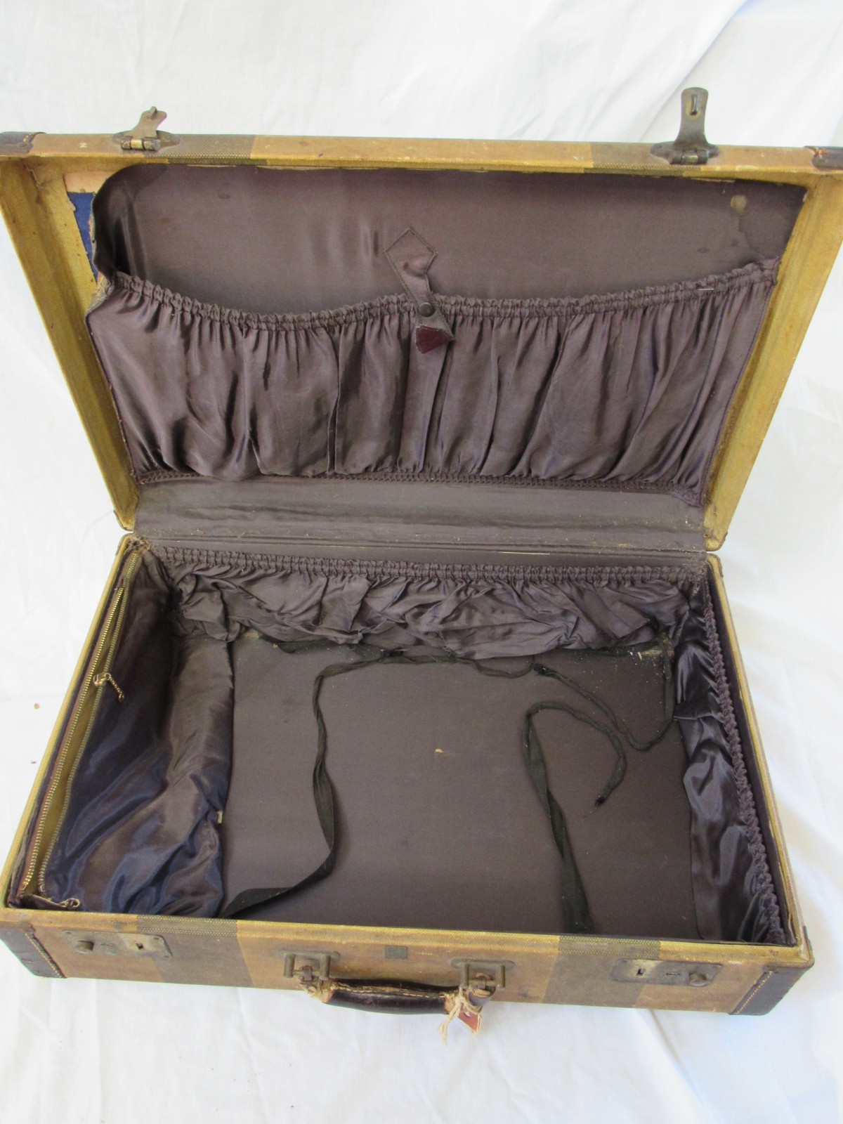 A Vintage Balber Striped Suitcase-Brass Fasteners-Leather Trim & Handle-1930-50s