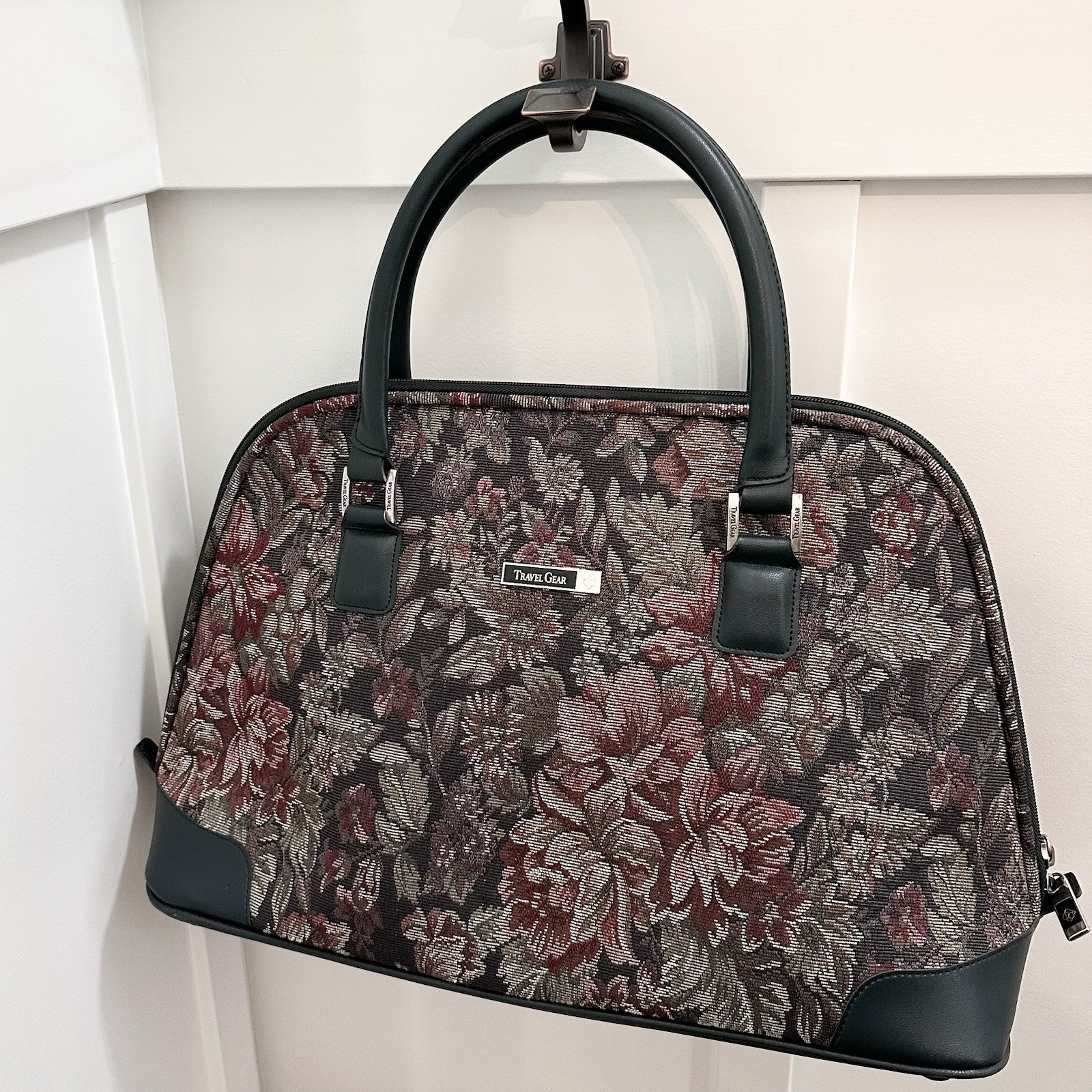 Vintage Travel Gear Tapestry Floral Satchel Luggage Mary Poppins Bag Green Rose