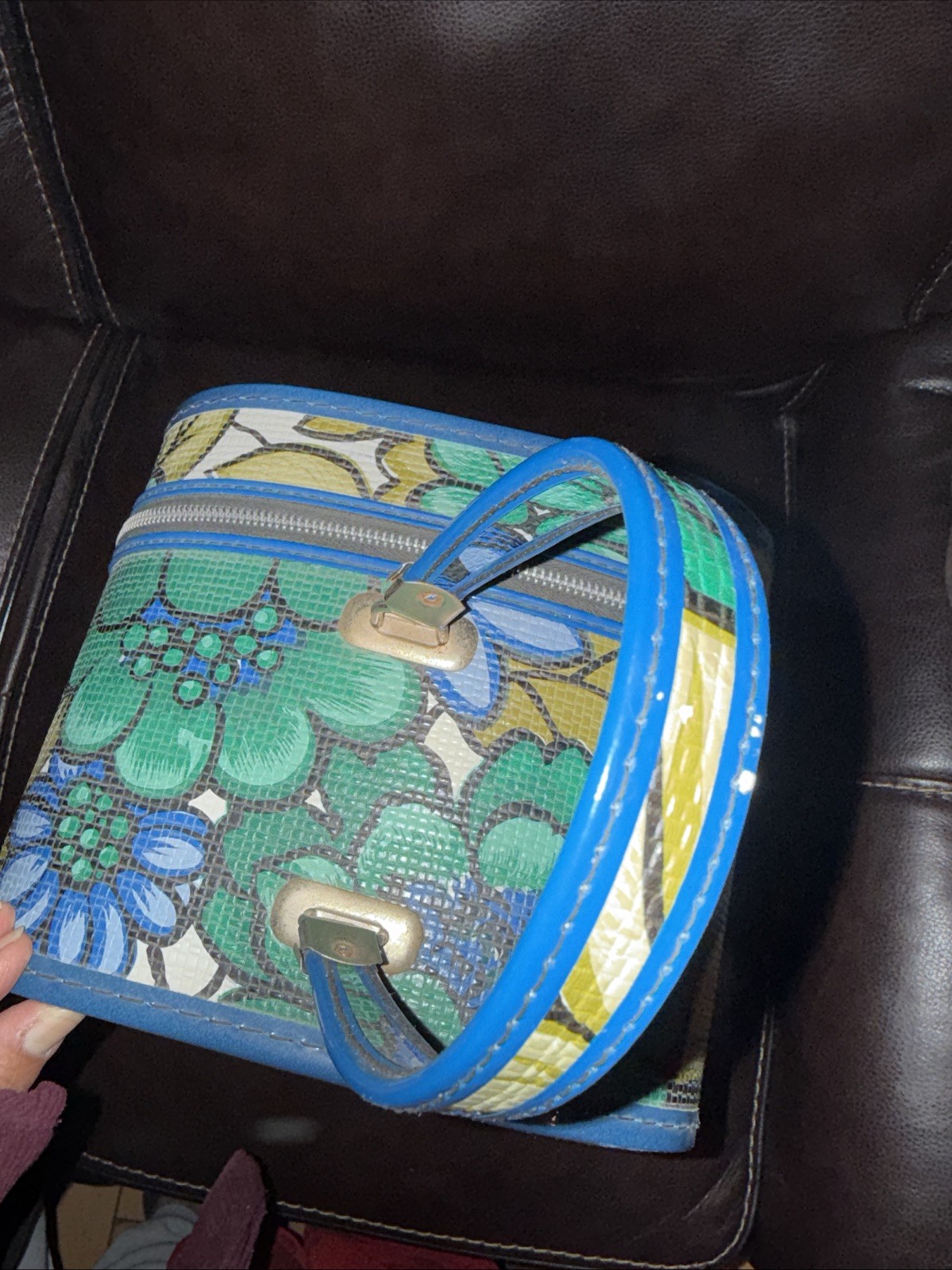 Vintage Traveling Wig Case 1960s Green Blue Floral Case