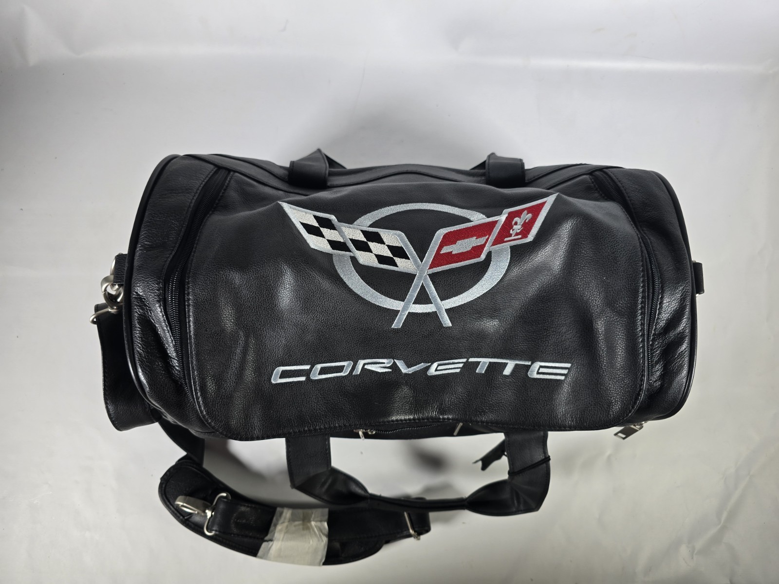 Corvette Vintage Black Leather Duffel Bag Red Logo, 20″ Travel Carry-On