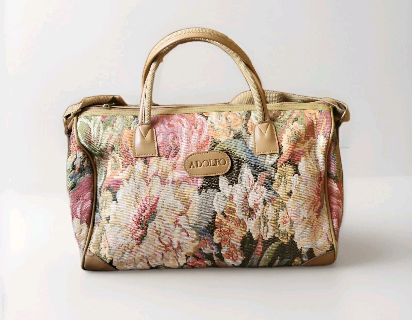Adolfo VTG Floral Tapestry Travel Bag Duffel Tote Carry On With Makeup Small Bag