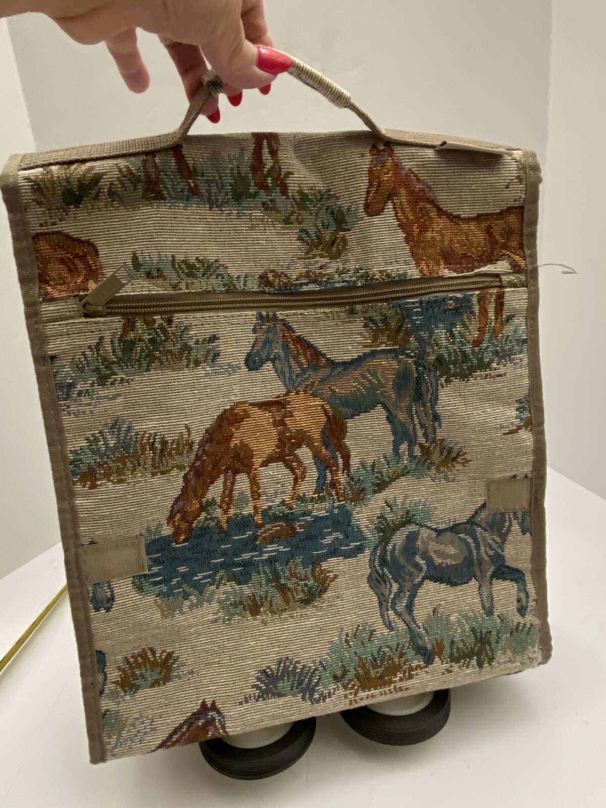 Vtg Jade Tapestry Horses Travel bag Tote w/ Foldable Collapsible wheels