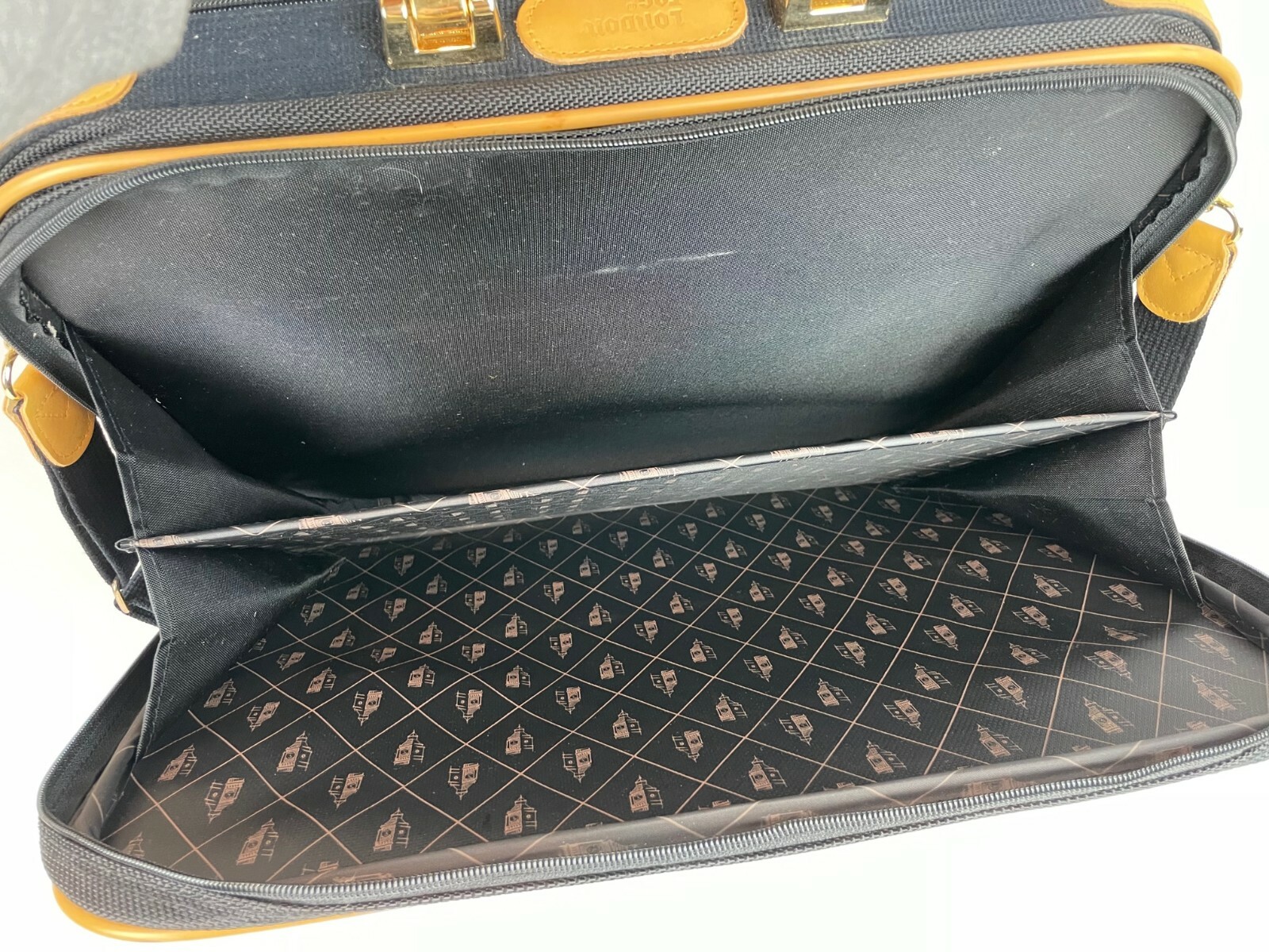 Vtg London Fog Carry On Overnight Suitcase Briefcase Shoulder Strap Black Tan