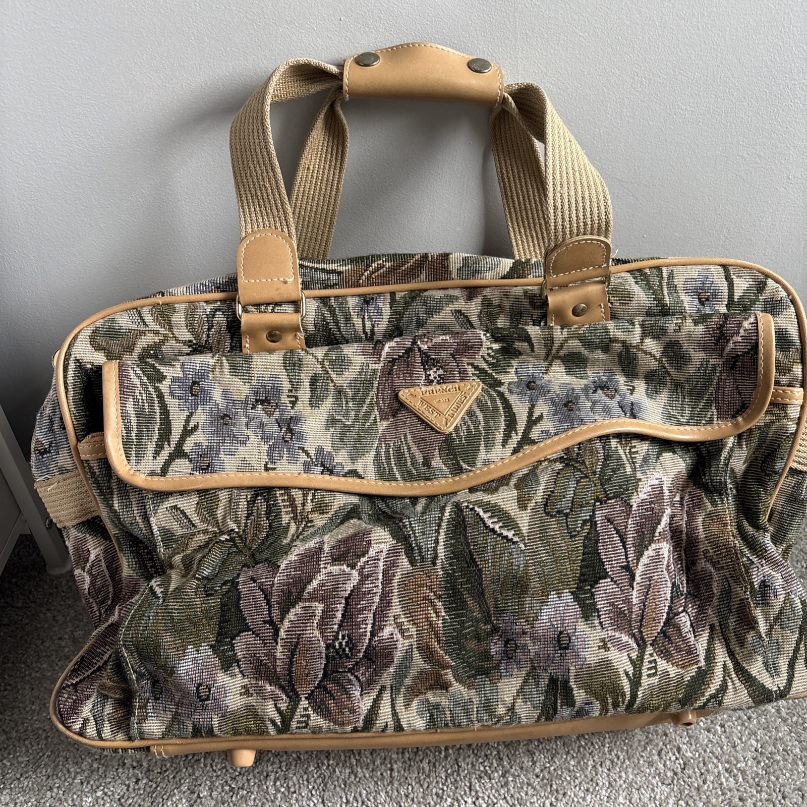 Vintage French West Indies Floral Tapestry Travel Bag Weekender Carry On Tan