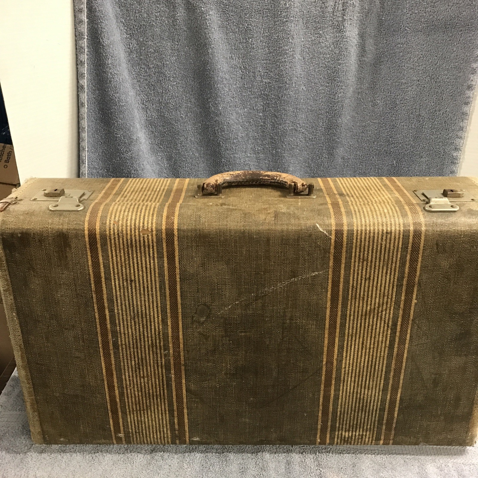 VTG / Antique Brown/Yellow Tweed – Stripe Suitcase Luggage 6” X 24”x14”