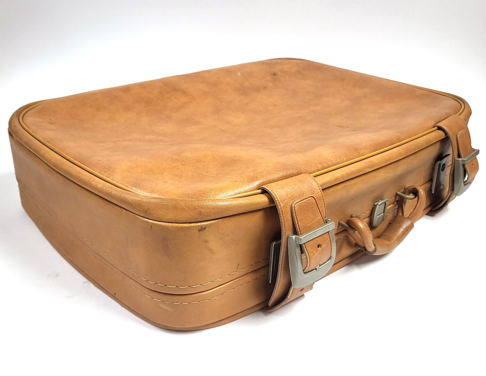 Vintage Mid-Century Faux-Leather Suitcase – Cognac 28″ Travel Case