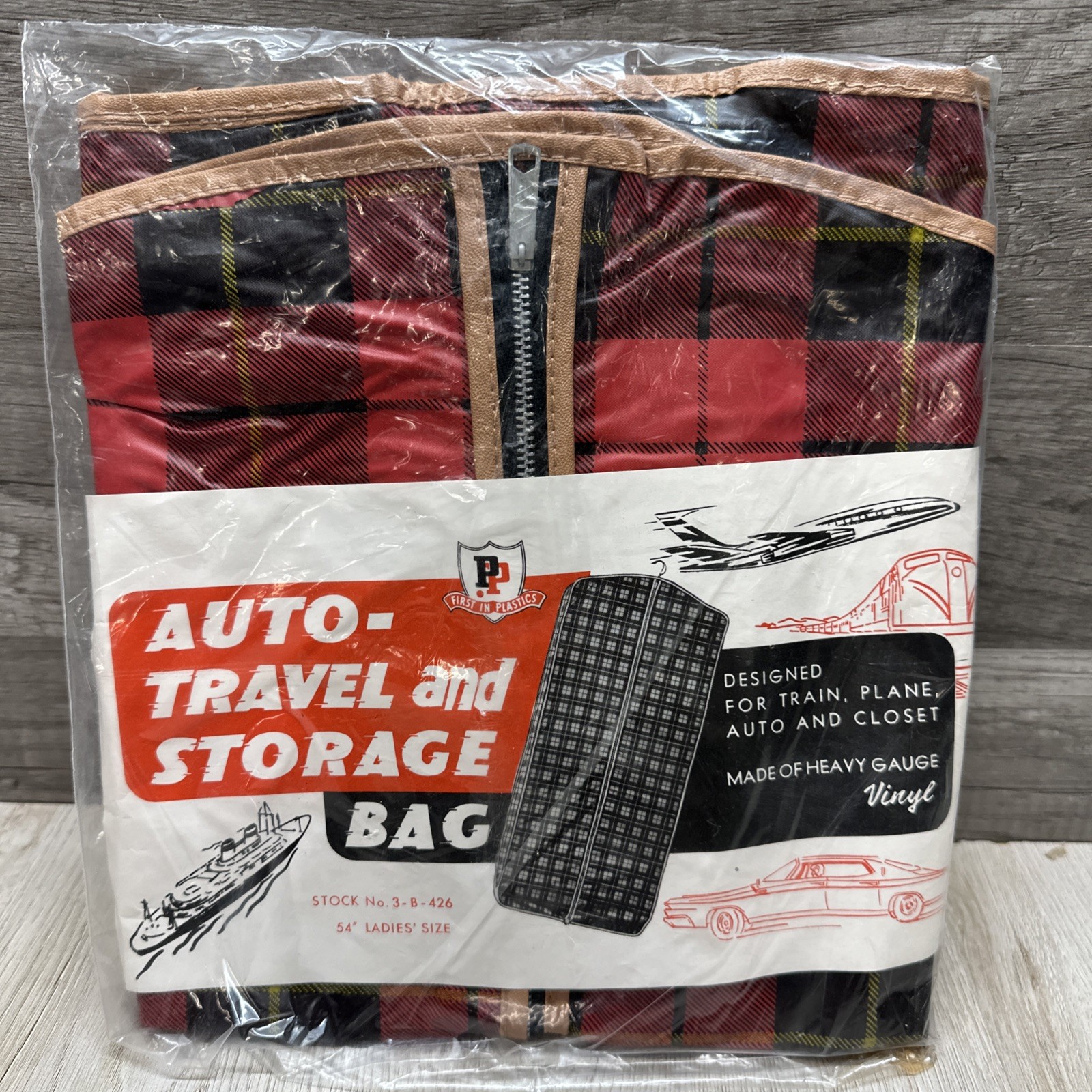 Vintage Universal 54″ Ladies Length Travel Garment Bag Red Plaid Vinyl USA NICE