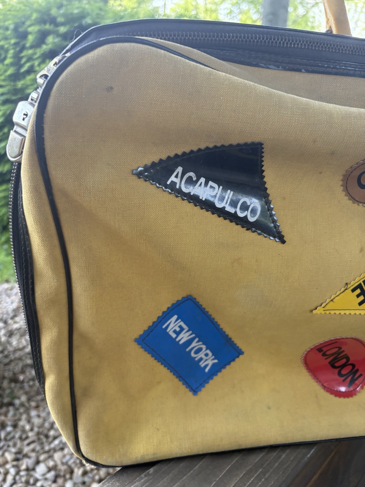 Vintage MCM Mod Yellow Suitcase Vinyl Destination Patches NY Rome Paris Tokyo