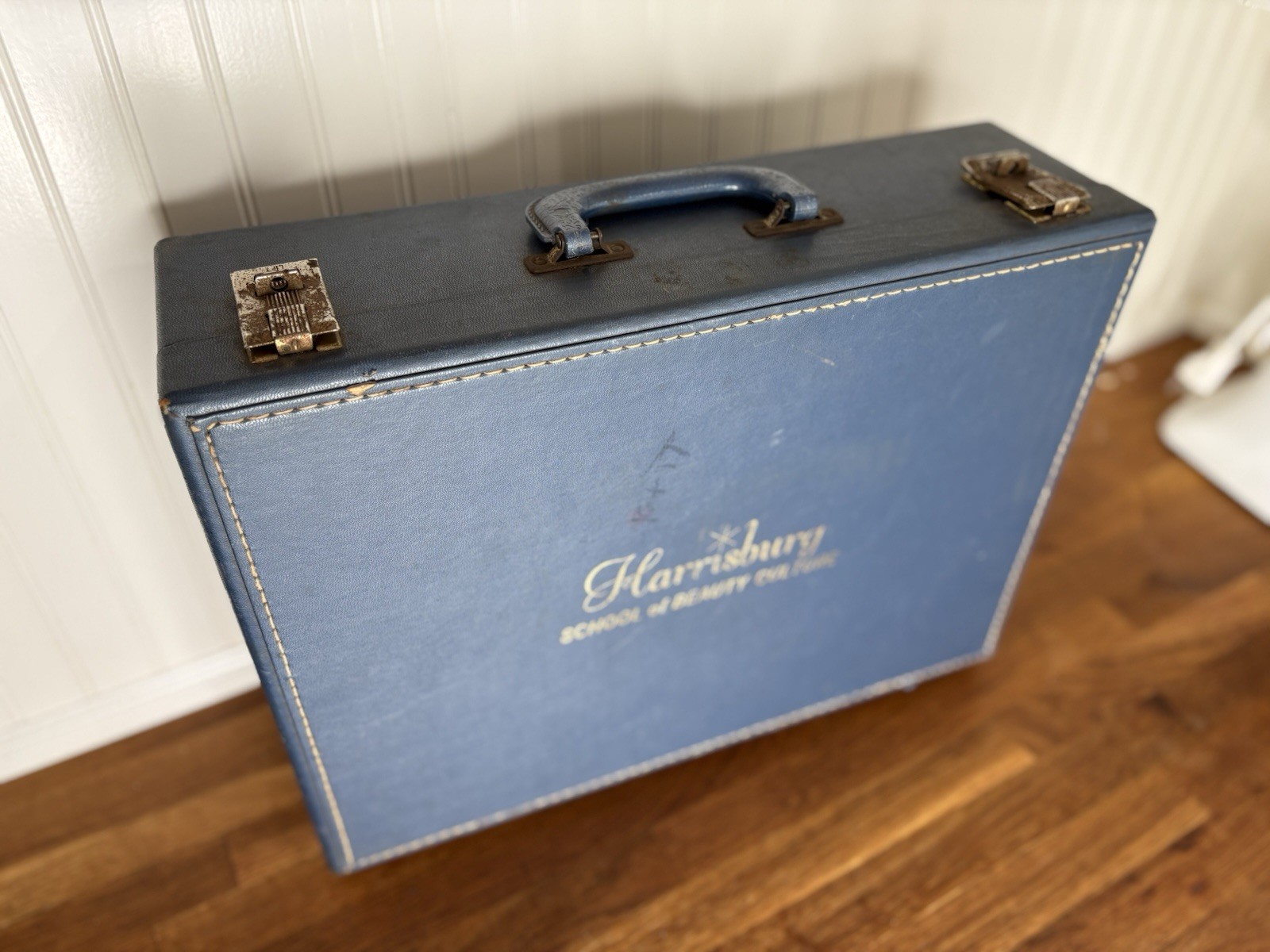 Vintage 1950s Harrisburg Beauty School Blue Hard Case Suitcase Polka Dot Lining