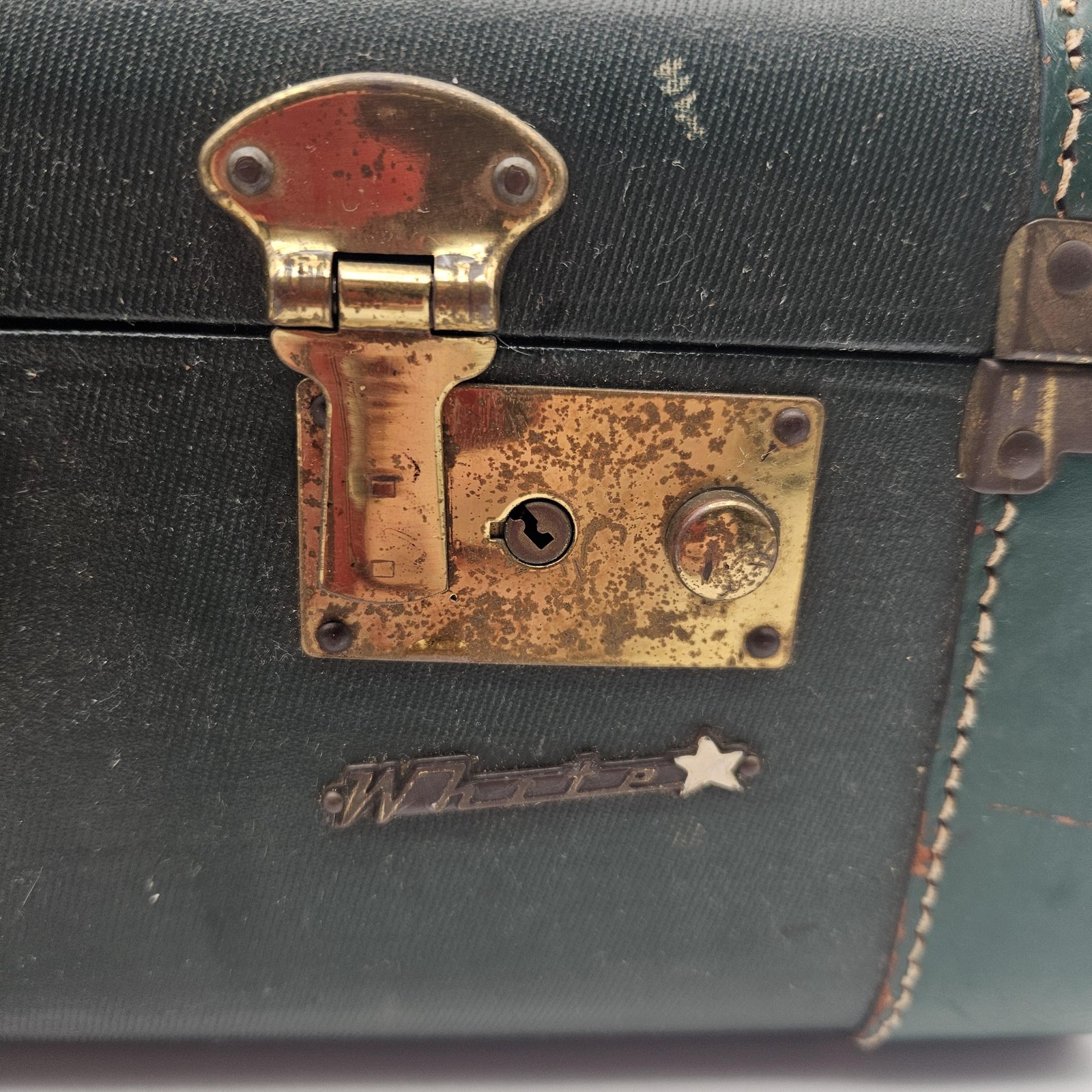 Vintage White Star Hard Shell Suitcase Luggage Green Celanese Lined Made USA 40s