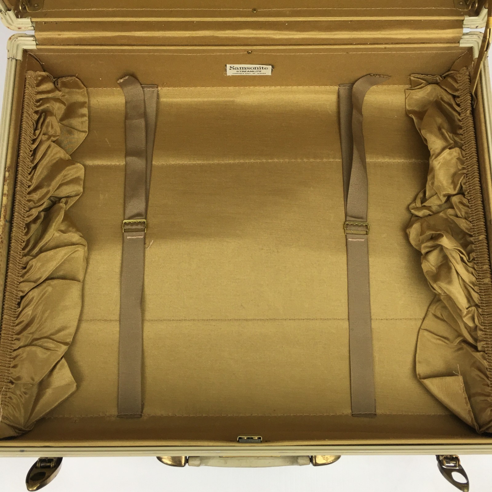Samsonite Shwayder Streamlite Suitcase Excellent INTERIOR Marbled 21″ Vtg Cream