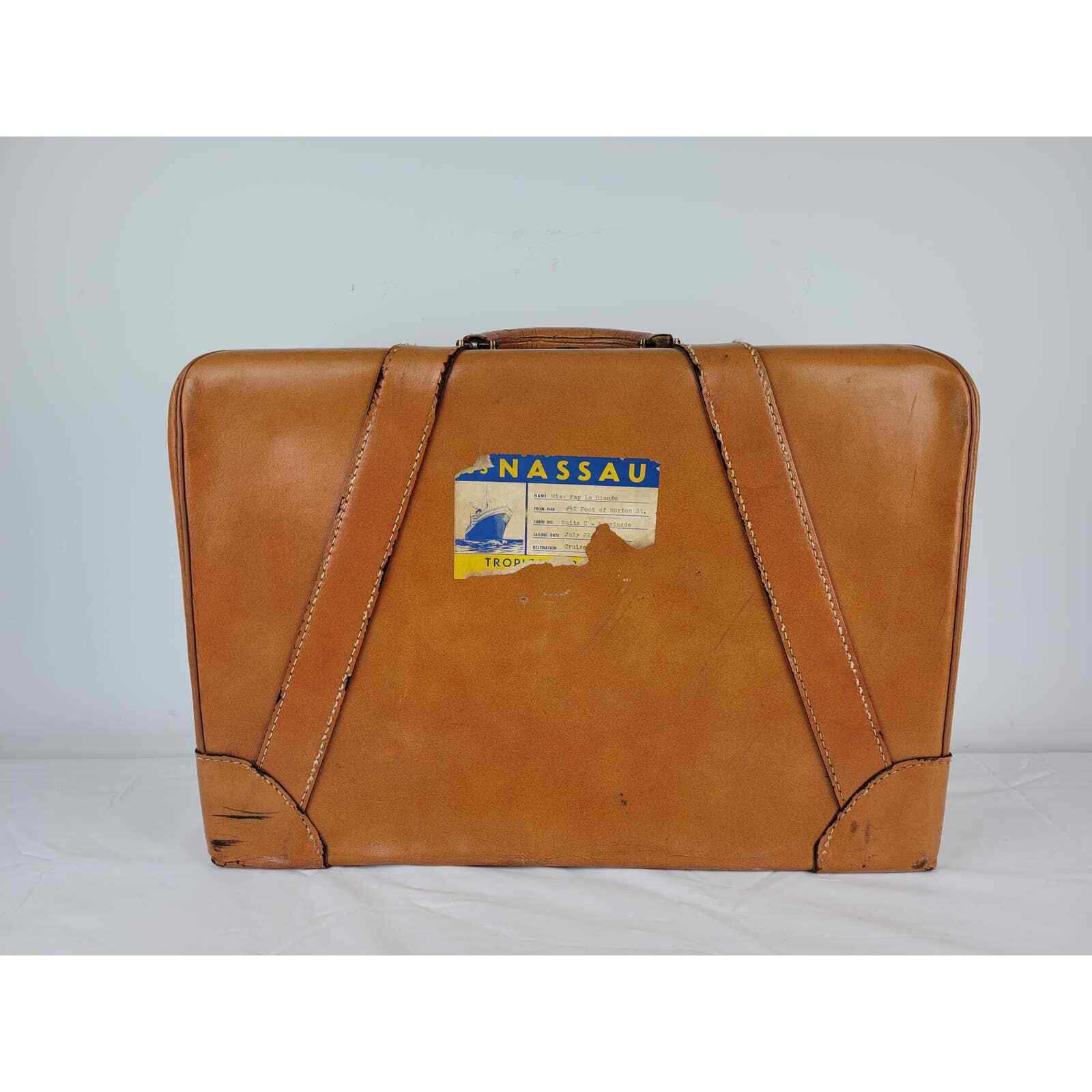 Vintage 1940s Genuine Cowhide Leather Brown Tan Travel Luggage Suitcase Retro