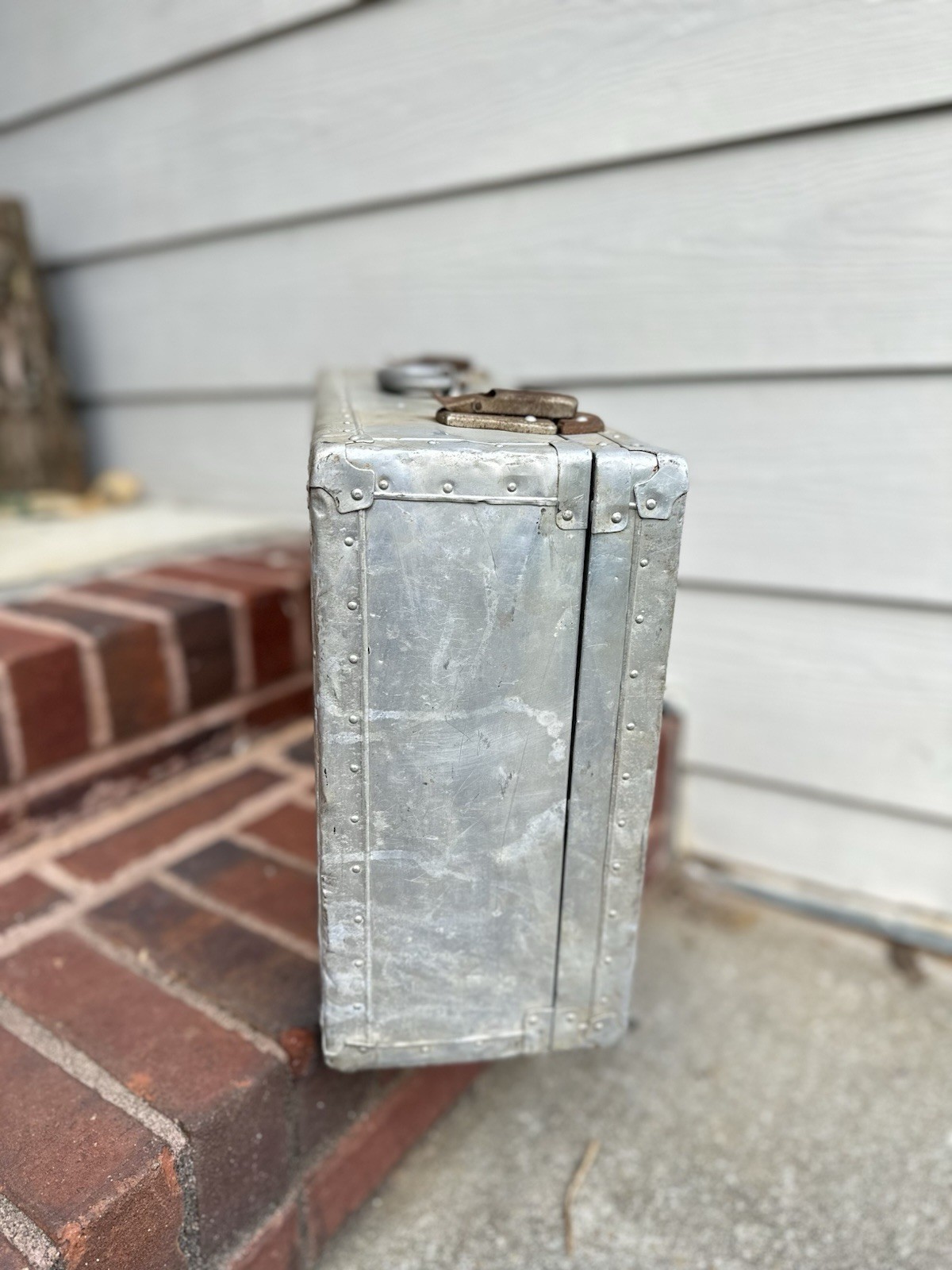Vintage Machine Age Industrial Riveted Aluminum Travel Suitcase From 1930-1960
