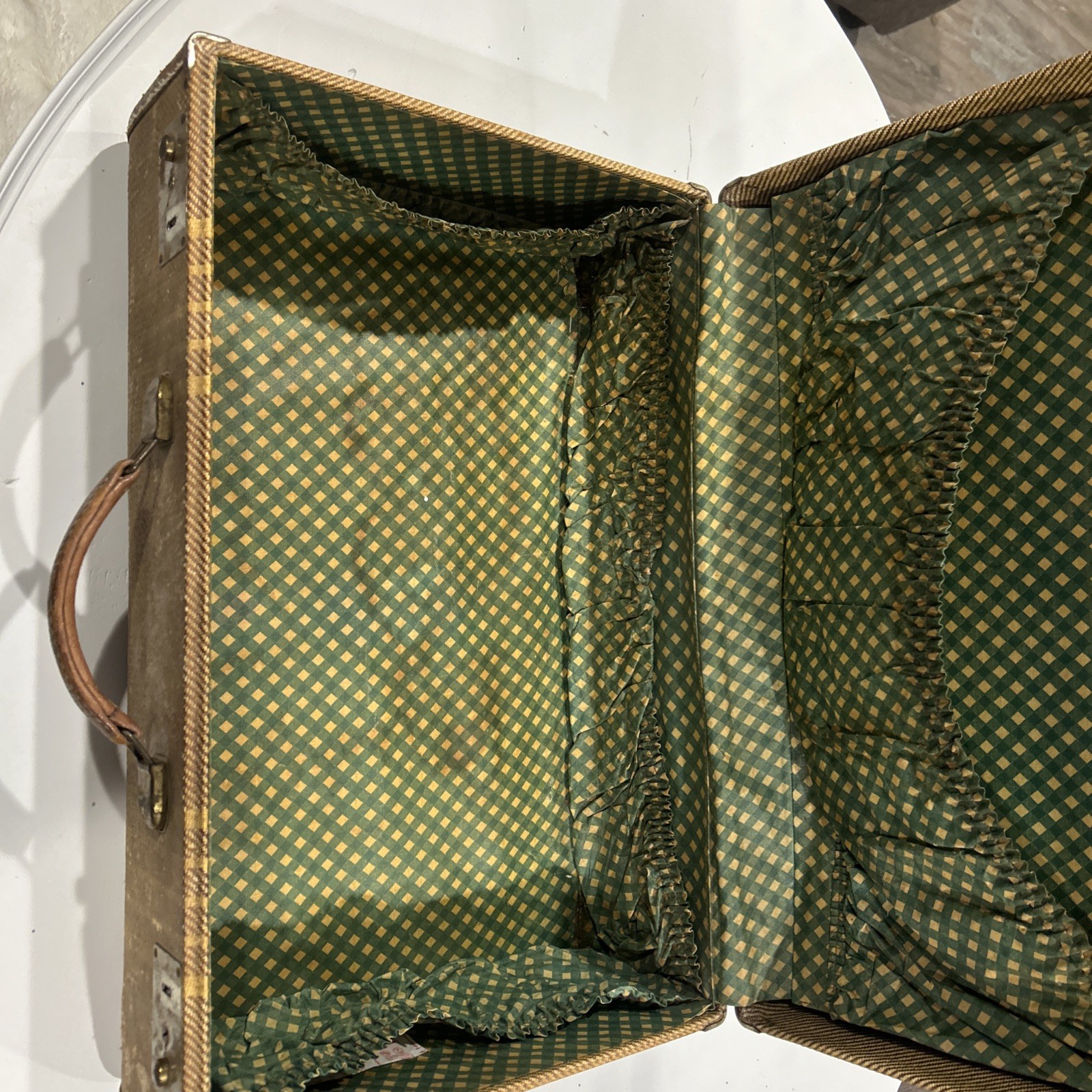 Vintage 1940’s Tweed Case Travel Trunk Suitcase Luggage Train Case Décor Striped