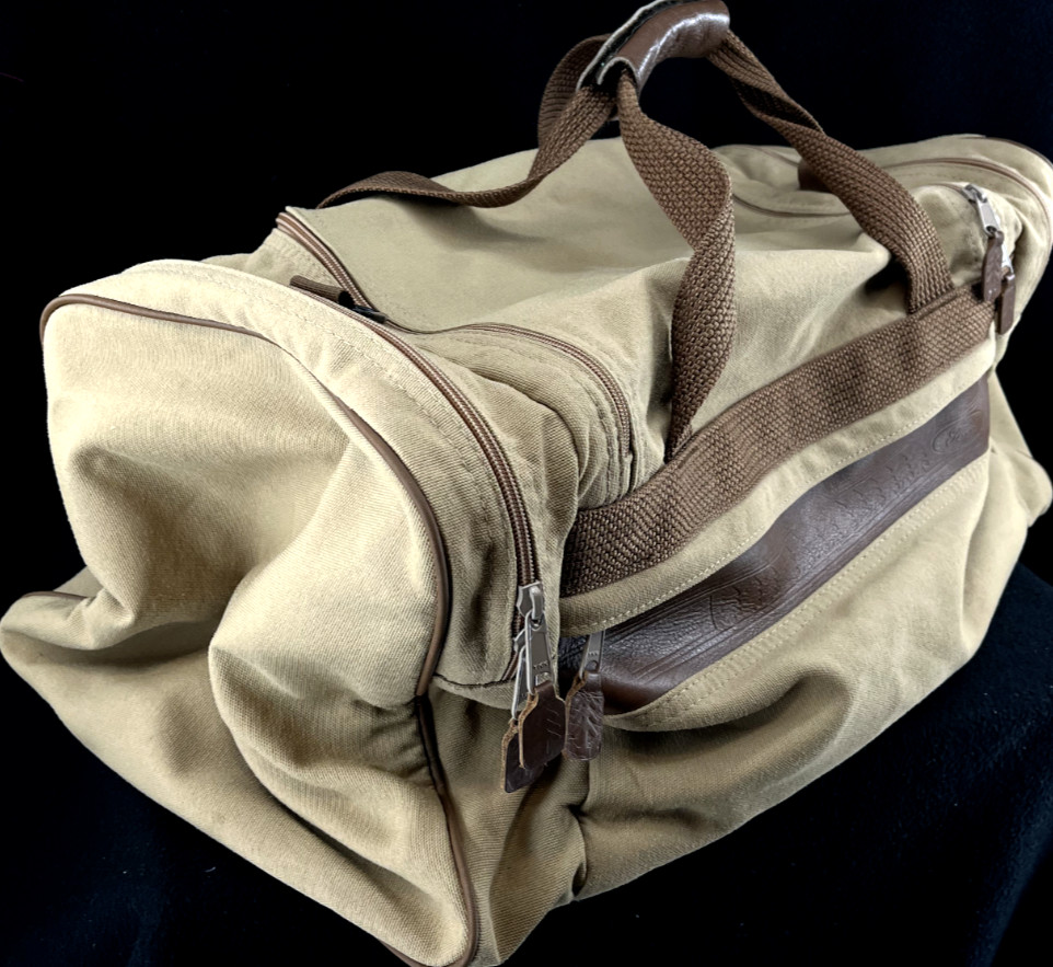 Vtg Ford Eddie Bauer Duffle Bag Brown Leather khaki Canvas Travel Handle Luggage