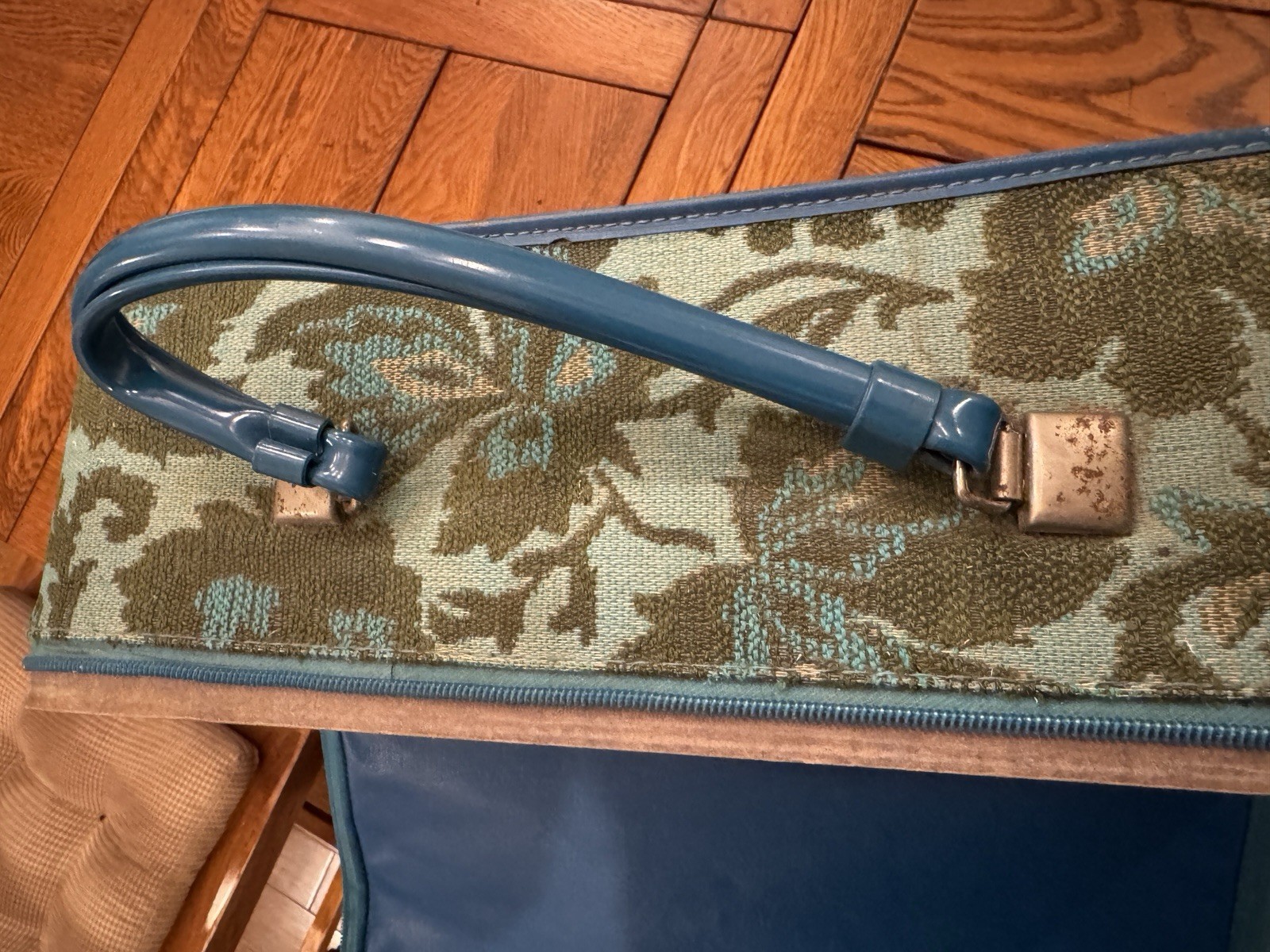 1960s tapestry suitcase travel bag By Avon blue green teal woven floral retro