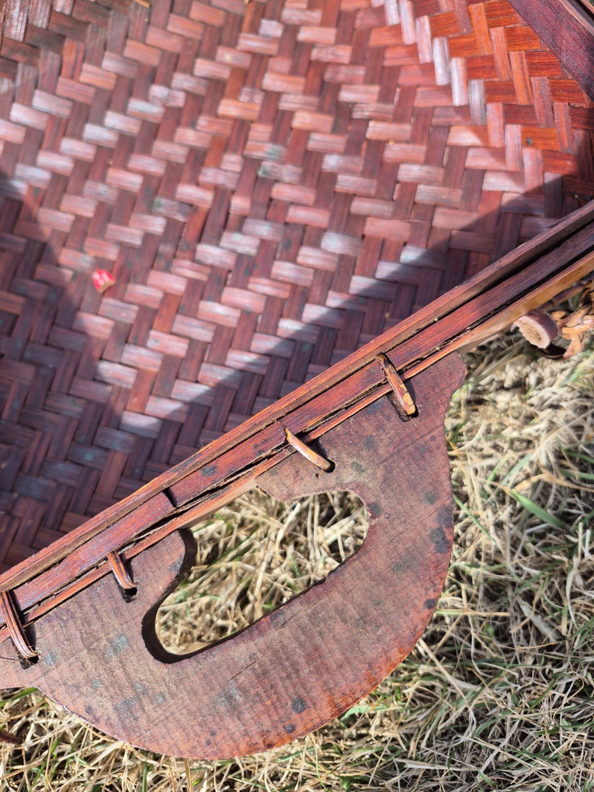 Vintage Asian Wicker Woven Rattan Suit Case With Wood Handle & Leather Latches
