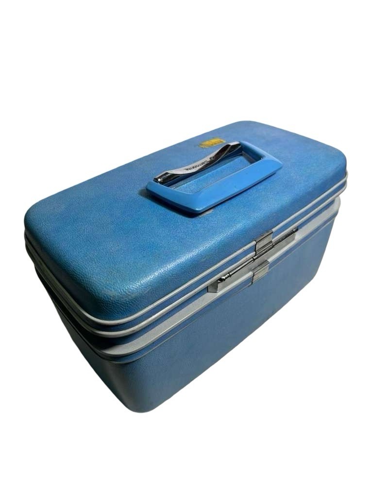 Vintage Samsonite Makeup Case Blue Hard Shell Travel Vanity Train Case No Keys