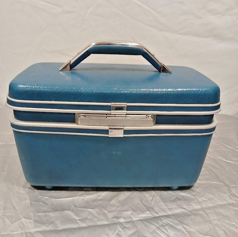 VTG Samsonite Hard Shell Train Case Vanity Makeup Travel Luggage – Blue w/Tray