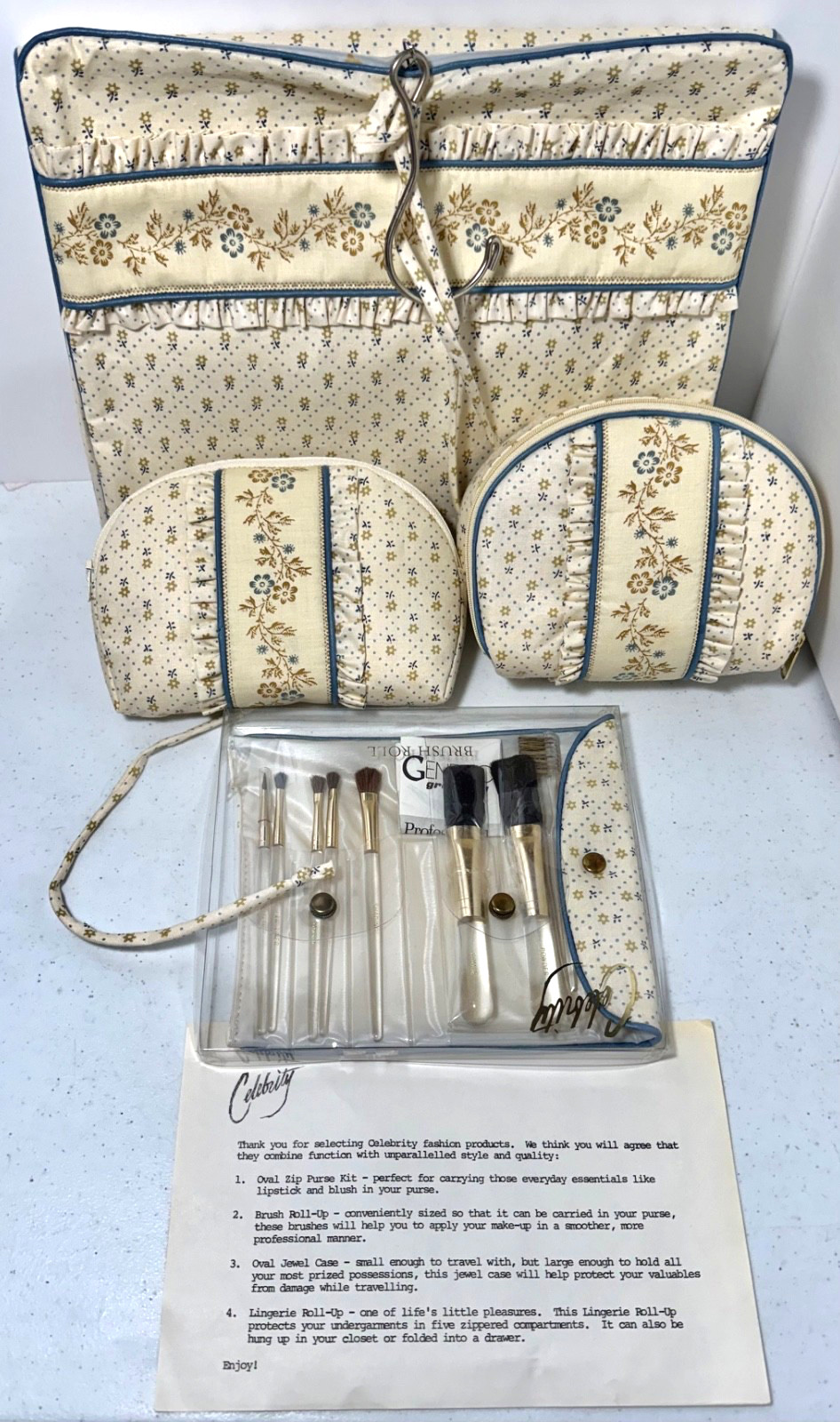 Vintage 4-Piece Floral Travel Bags Makeup Brushes Toiletries by Celebrity N.O.S.