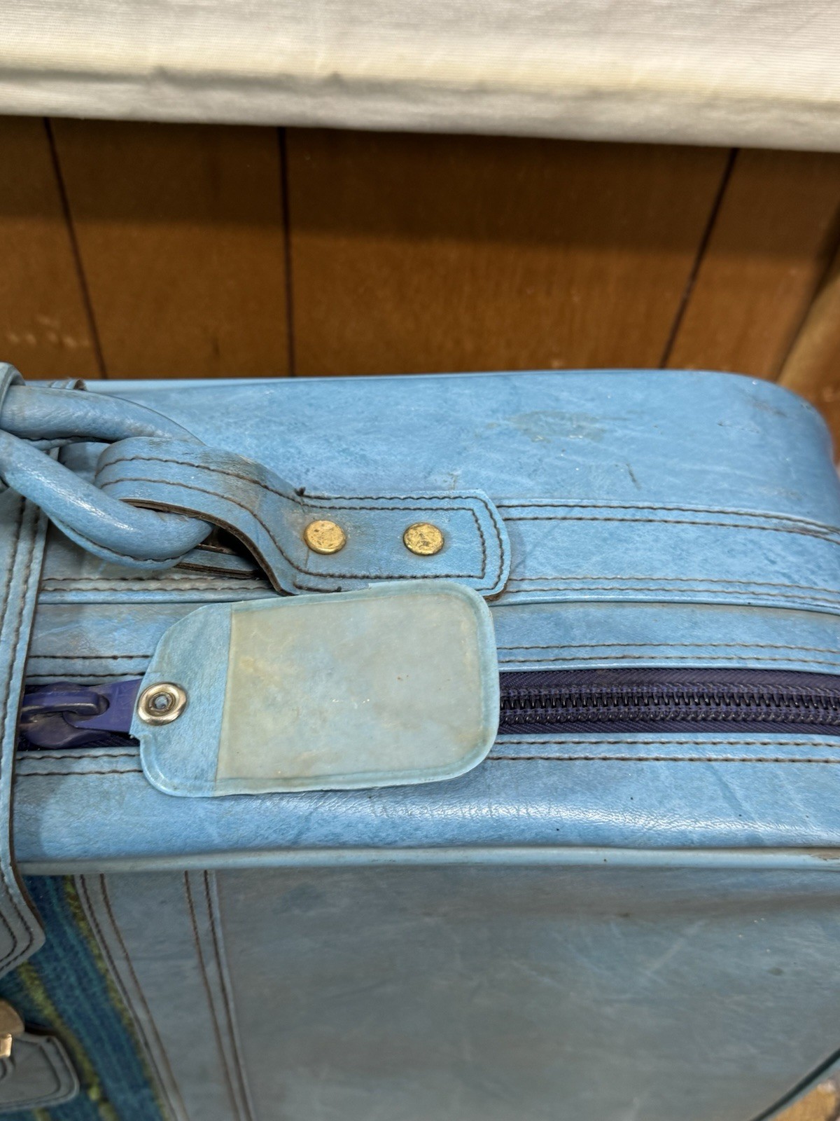 VTG 70s Blue Marbled Suitcase Retro PVC Vinyl Luggage Strap Buckle Taiwan Scuffs