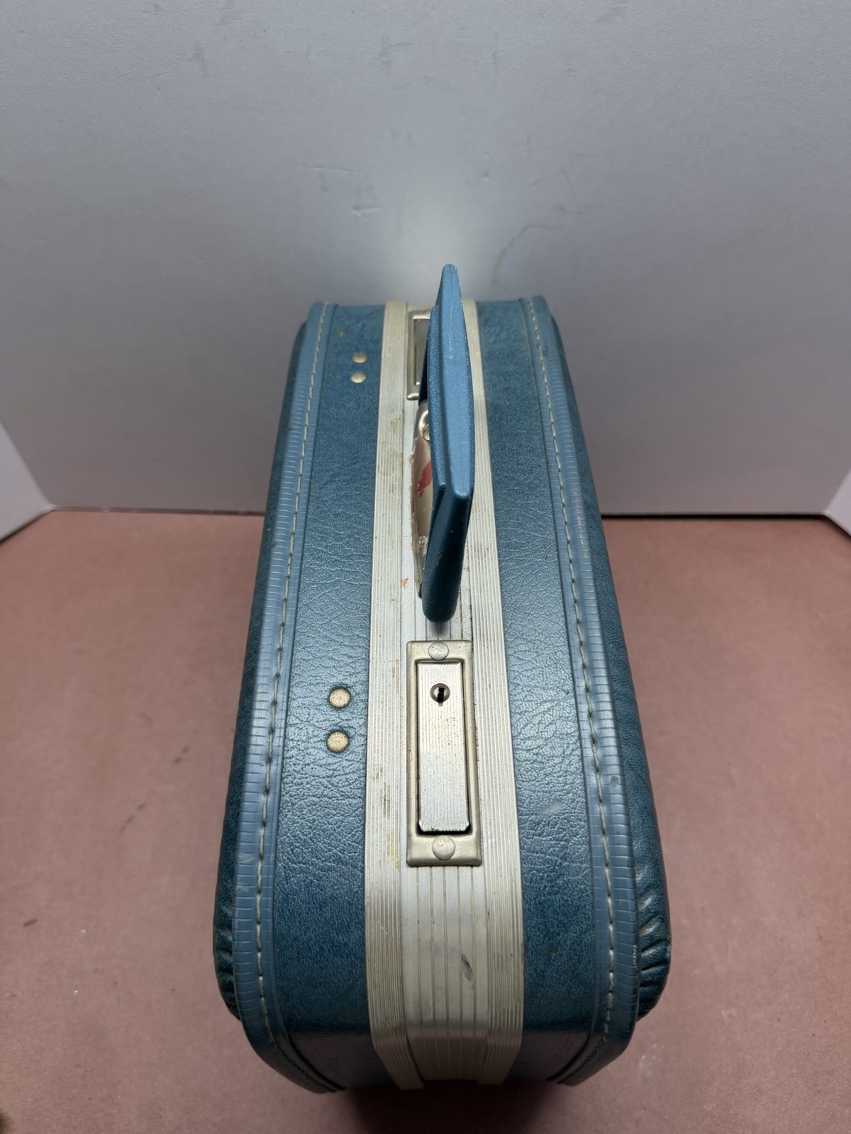 1960s True Vintage Blue Hard Vinyl Suitcase, Locking Latch & Mirror NO KEY