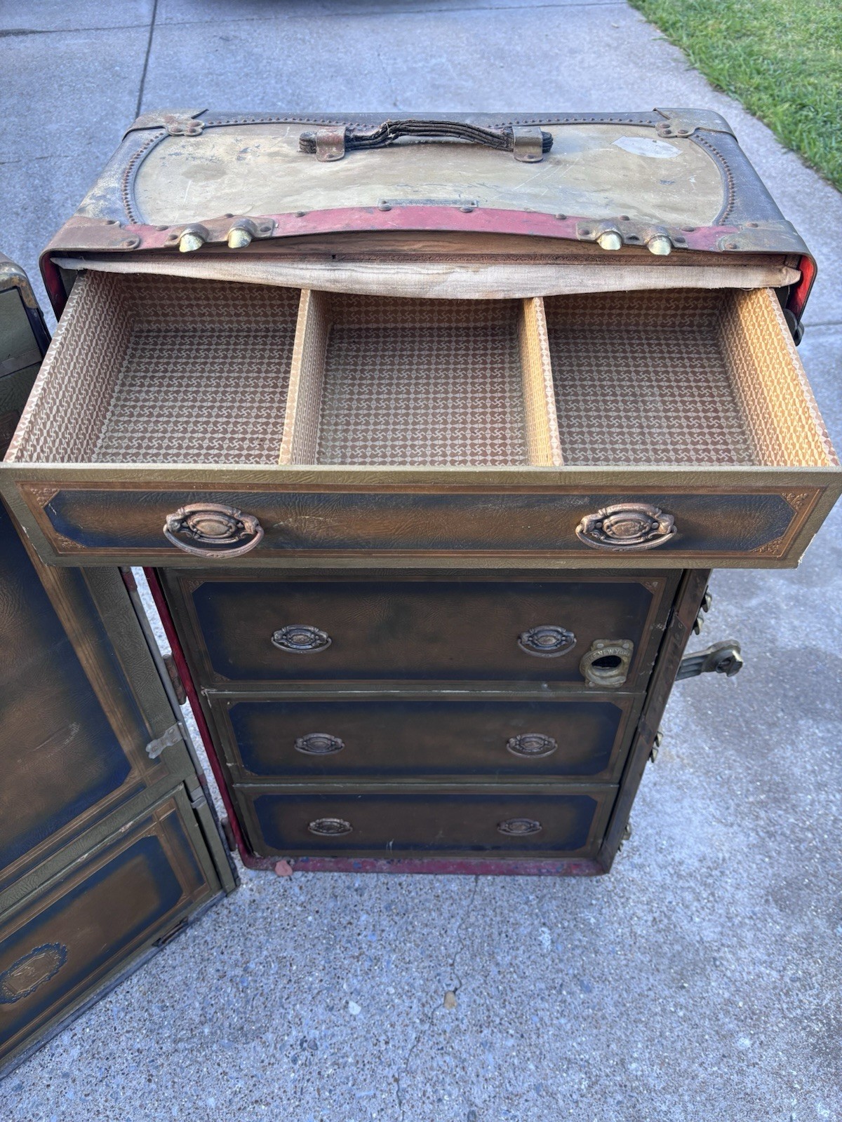True Vintage 1920s Hard Leather Wardrobe Trunk w/ Drawers, Hangers Brown