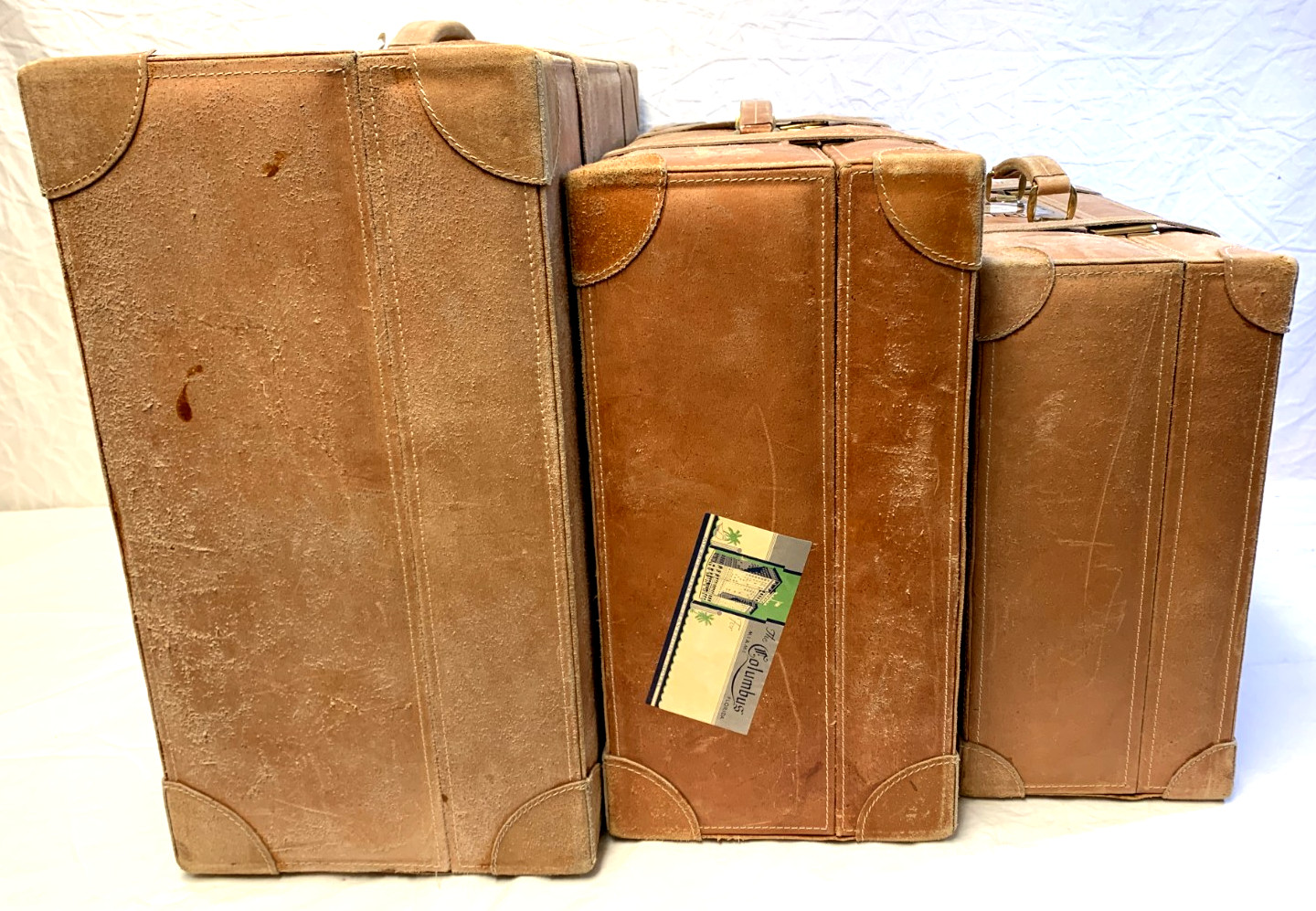 Set 3 Genuine Split Skin Moroccan Suede Leather Belted Suitcases Travel Stickers