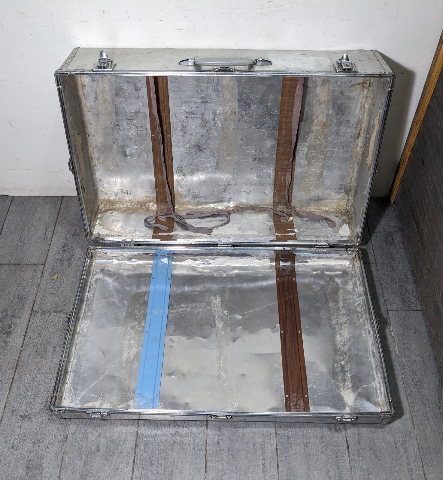 Vintage Machine Age Industrial Riveted Aluminum Travel Suitcase Trunk Steampunk