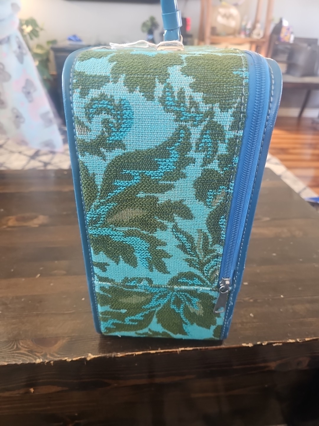 Avon 1970s Vintage Suitcase Turquoise Floral Tapestry Carpet Bag, Boho Hippie