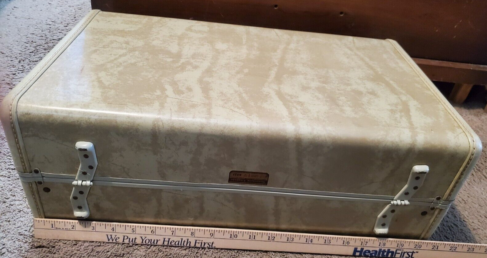 SAMSONITE #4521 BEIGE/TAN MARBLE HARD TRAIN 21″ x13″x 7″ SHWAYDER SUITCASE 1950s