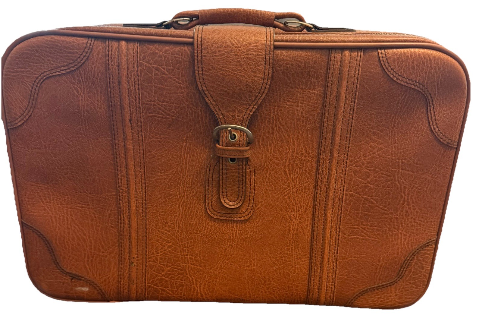 Vintage Unbranded Faux Leather Mid Century 1970’s Brown Belted Luggage23x15x6.5”