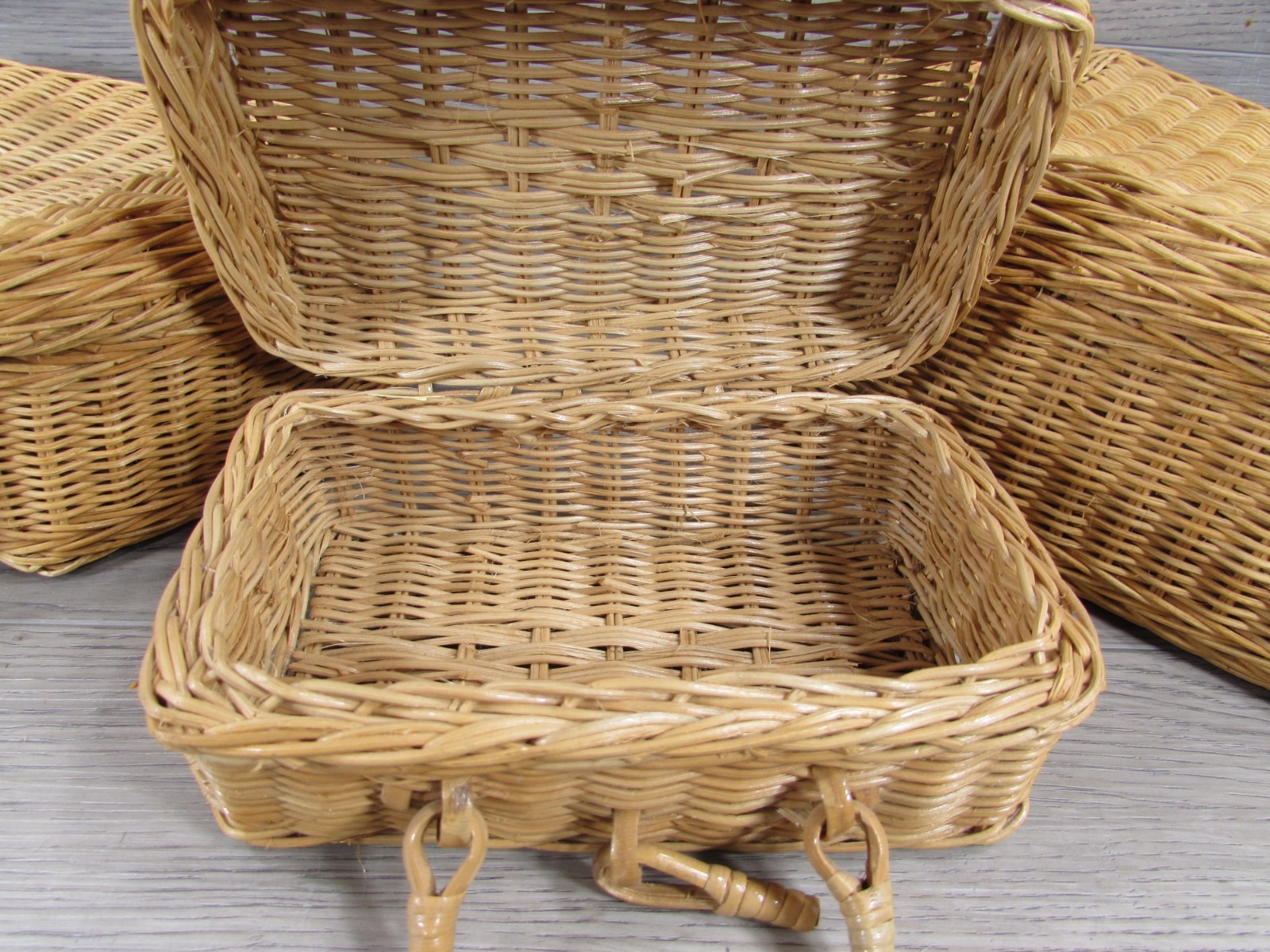 Vintage Woven Rattan Wicker Carrying Cases Suitcases Boho Chic Decor Set of 3