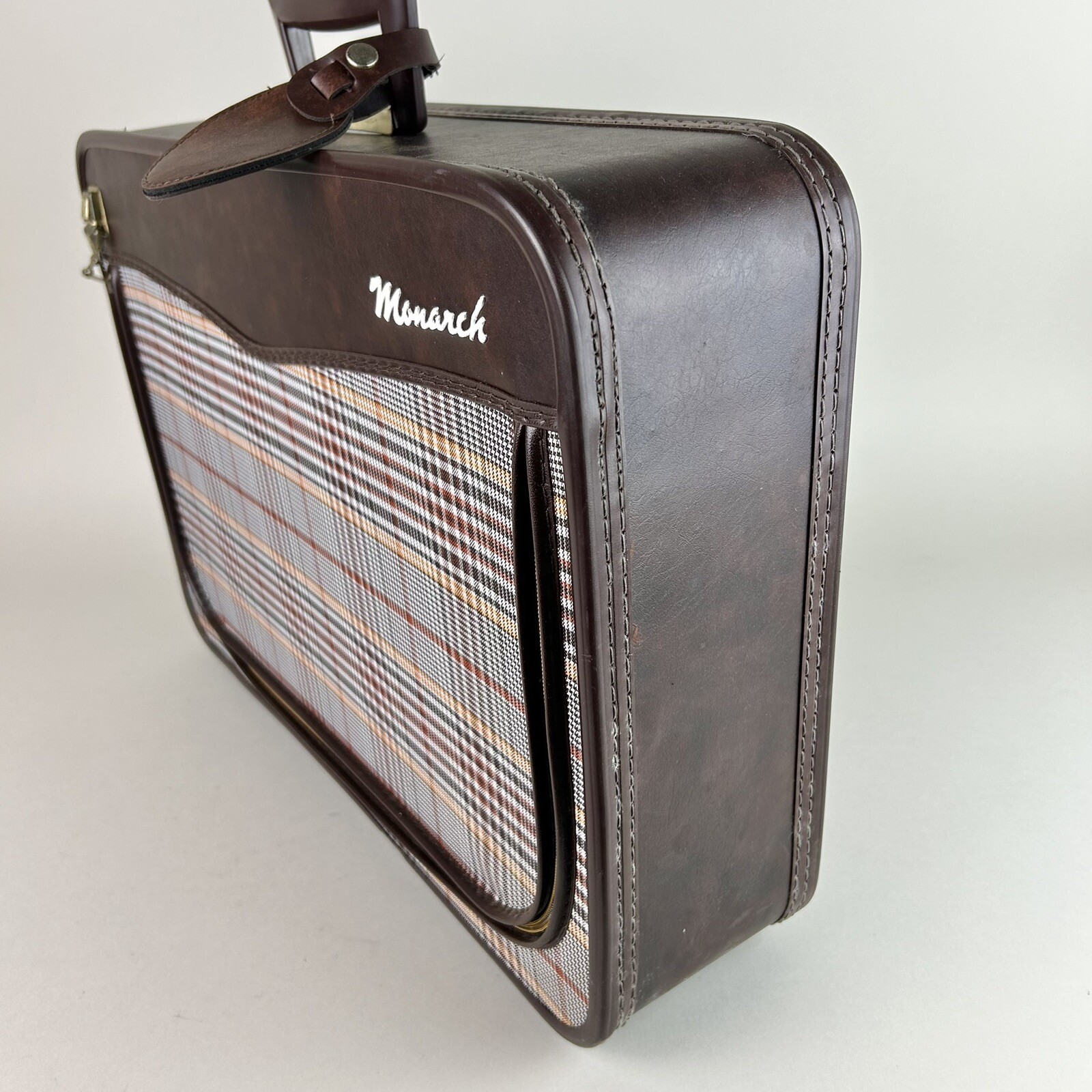 RARE Vintage Monarch Suitcase WITH KEY Faux Leather Brown Plaid Design Zipper