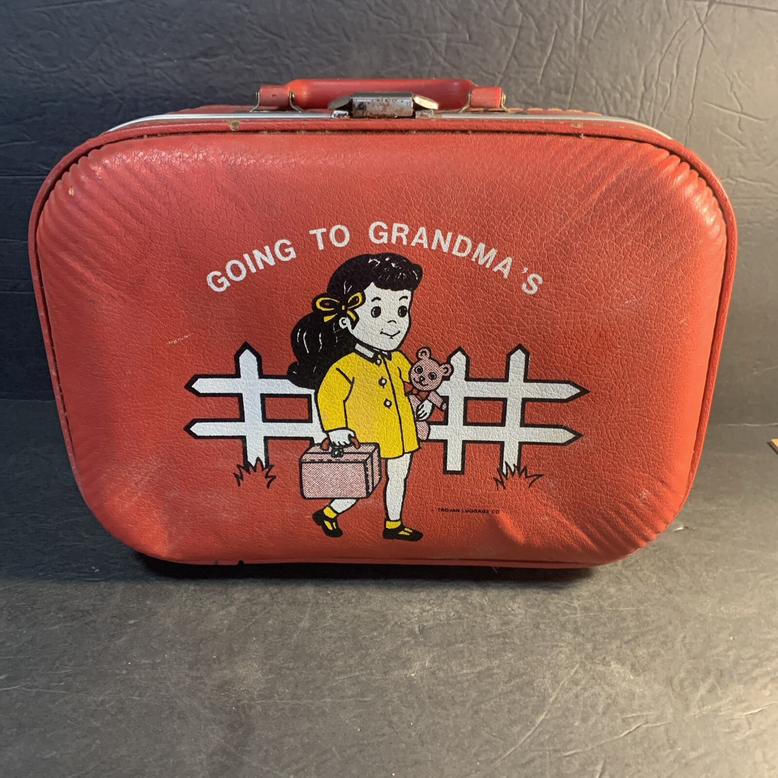 Vintage 50s 60s Suitcase Trojan Luggage Company Retro Kids Going to Grandmas Red