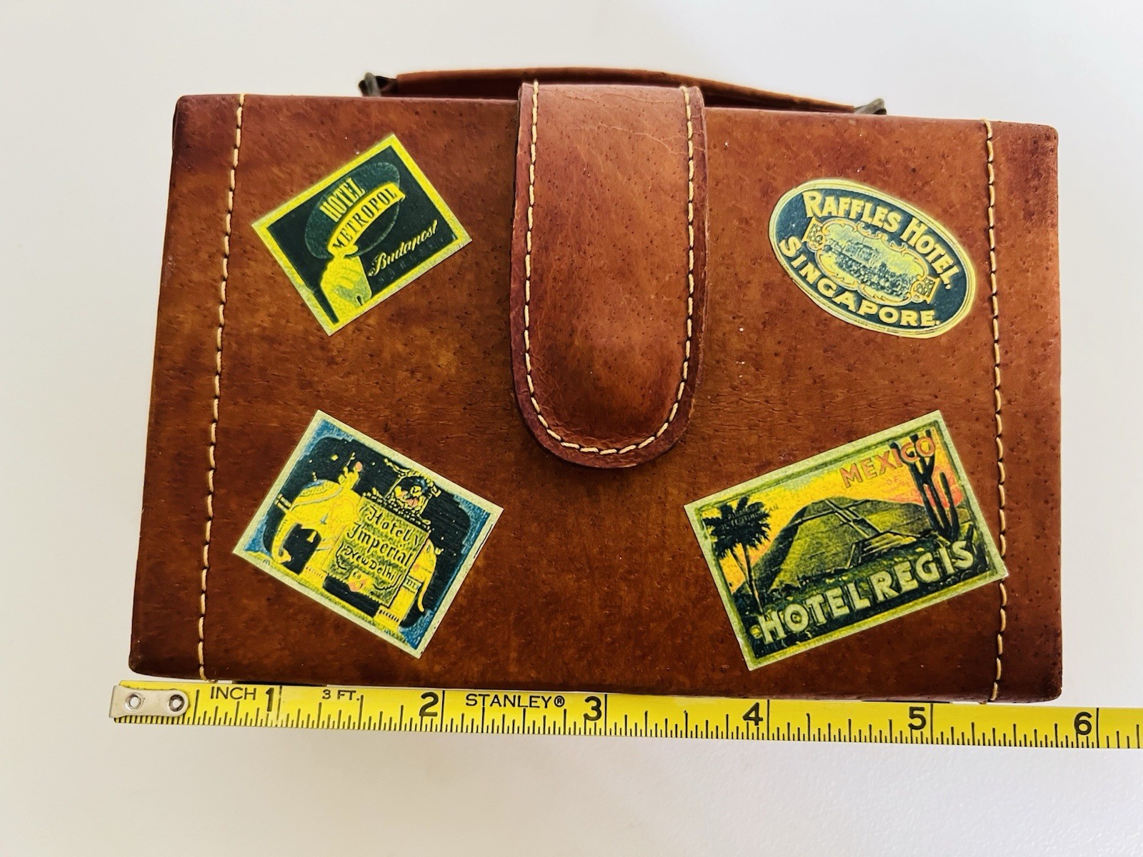 Vintage Leather Case Travel Stickers Magnetic Button Lined Mini Doll Suitcase 6”