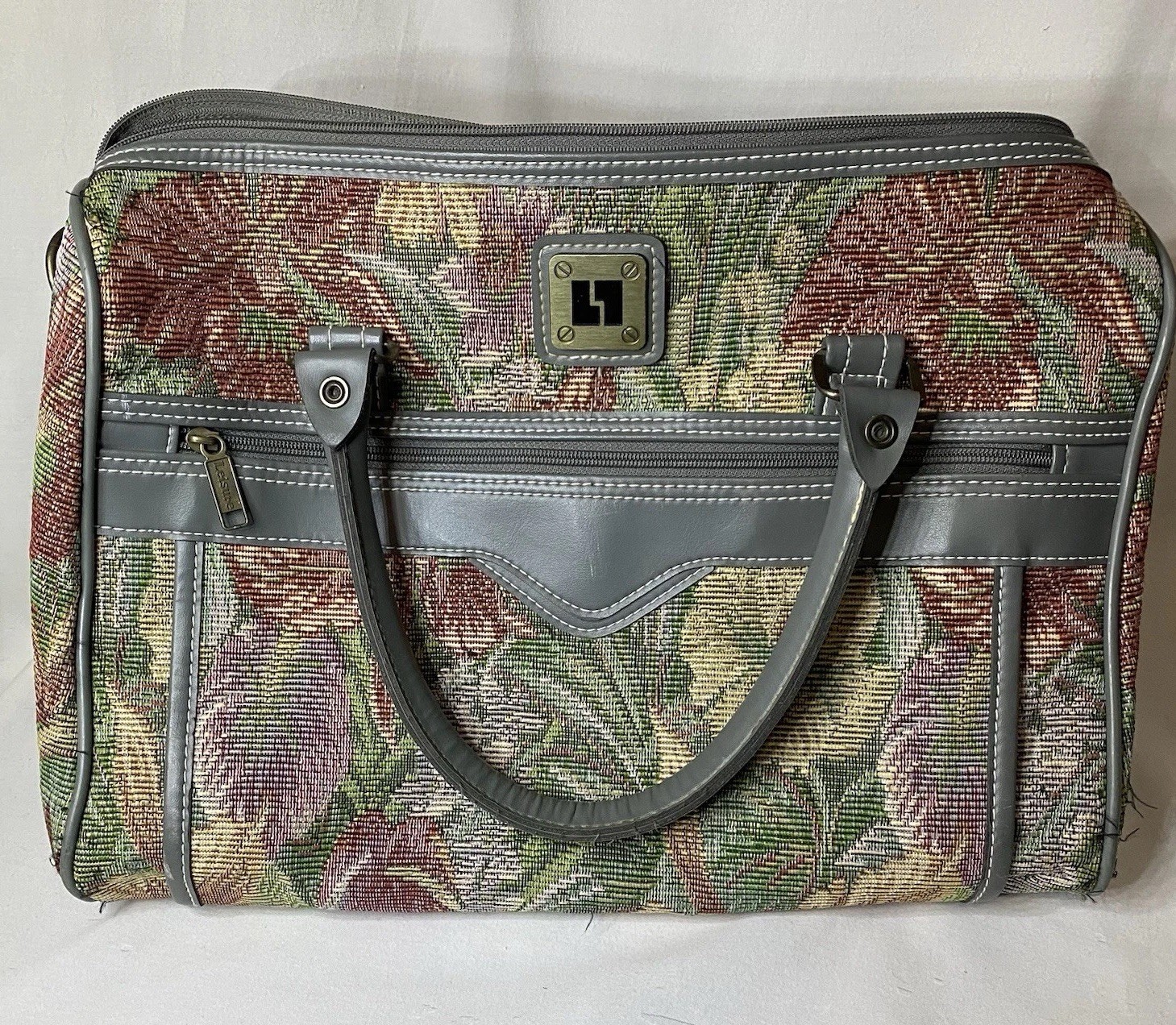 Leisure Tapestry Bag Gray Leather Trim Overnight Tote Carry On Zip Close Vintage